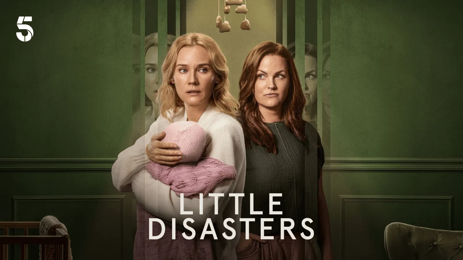 A blonde woman holding a baby with a pink hat stood next to a brunette woman staring at her suspiciously with writing that reads Little Disasters