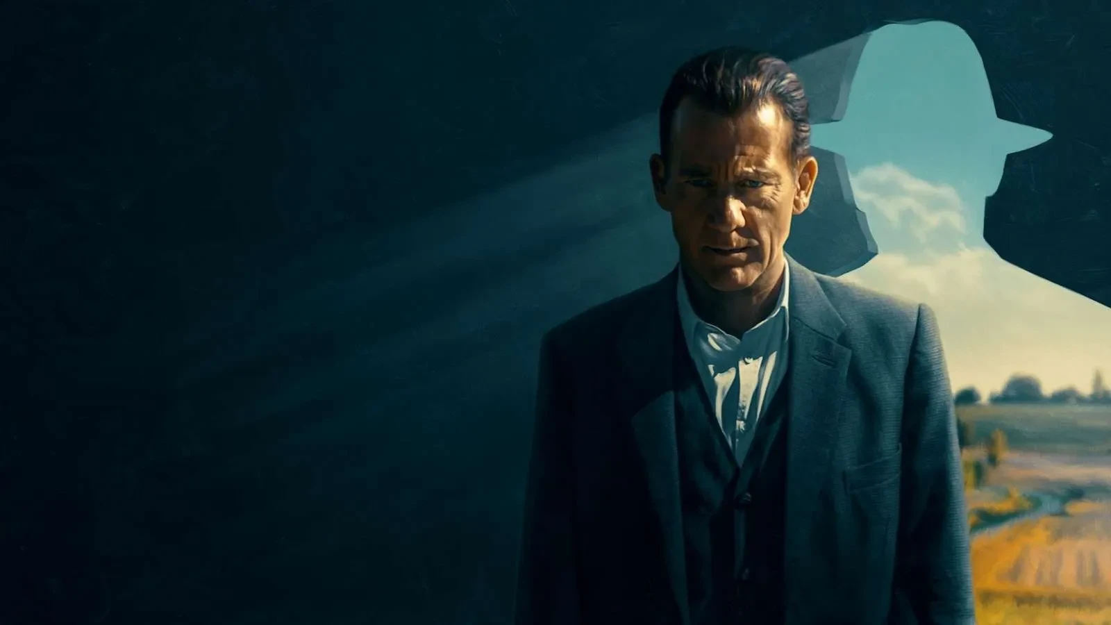 Moody promotional artwork for a crime drama, featuring a solitary figure standing in the foreground with a translucent silhouette behind, set against a rural landscape under dark, atmospheric lighting.