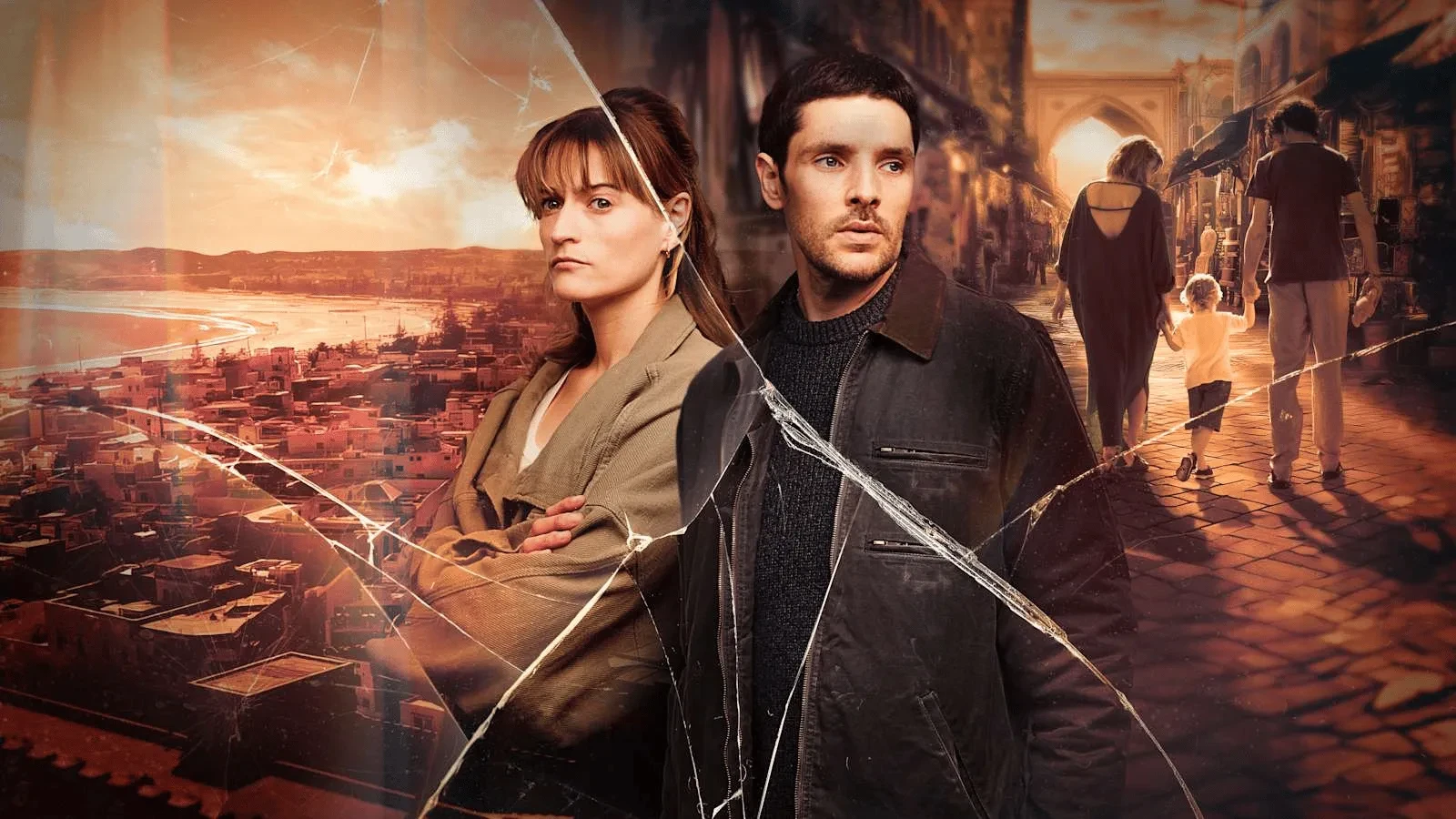 A man and woman staring in different directions against an orange background with a city on one side and a family on the other