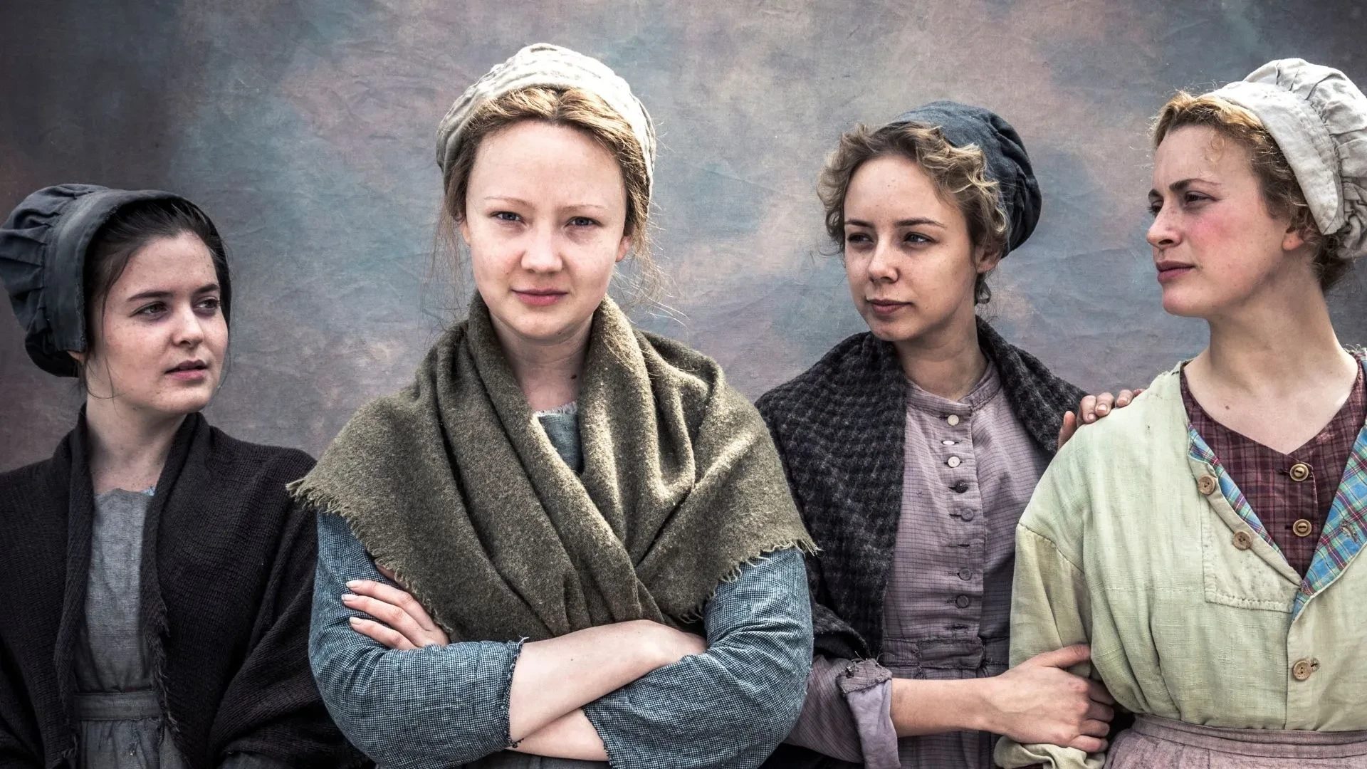 Gritty industrial period drama image from The Mill showing mill workers in early Victorian clothing.