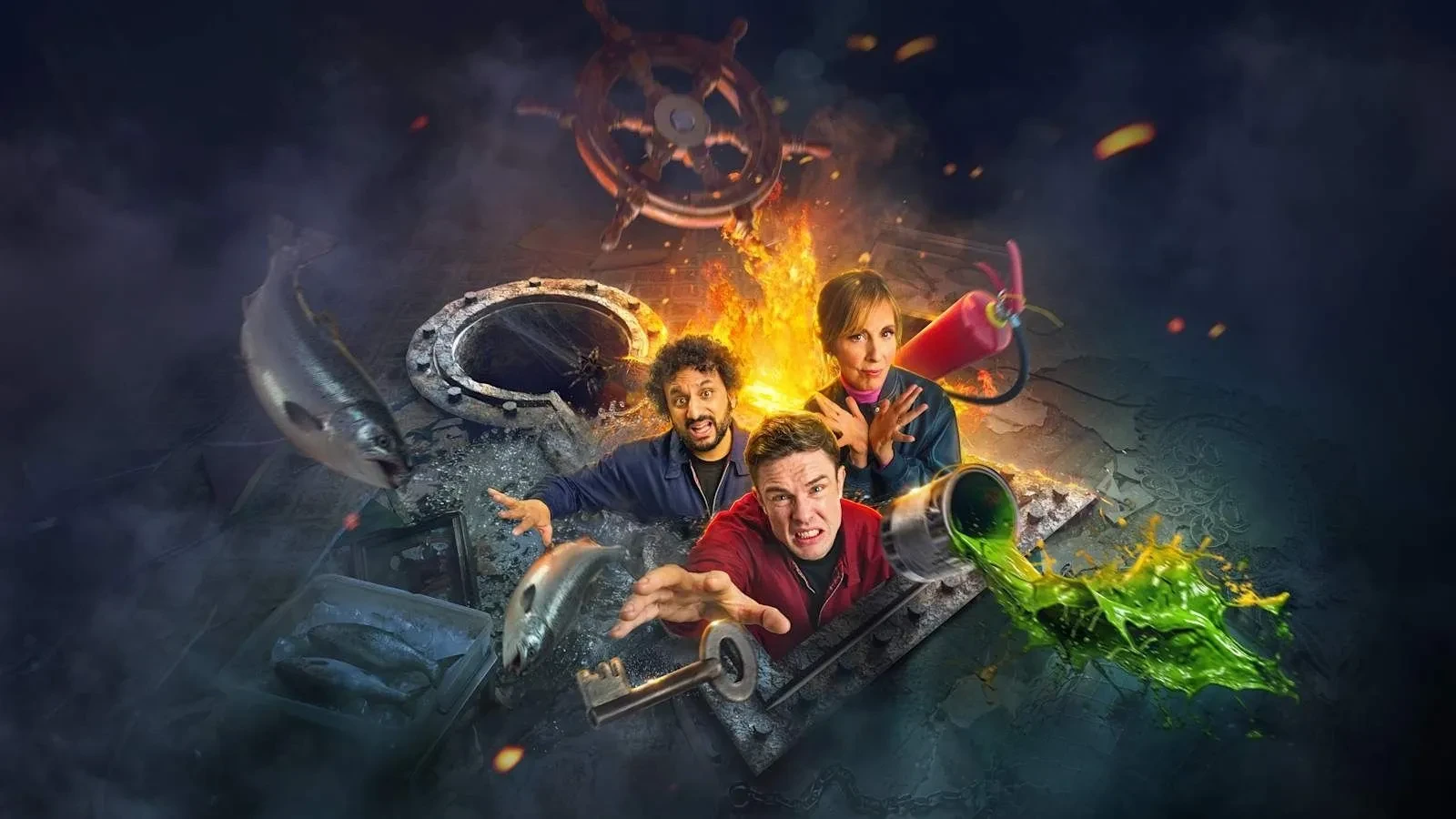 Promotional key art for the drama series The Way Out, showing three people emerging from a hatch surrounded by water, fire, and flying objects, with a dramatic, action‑themed composition.
