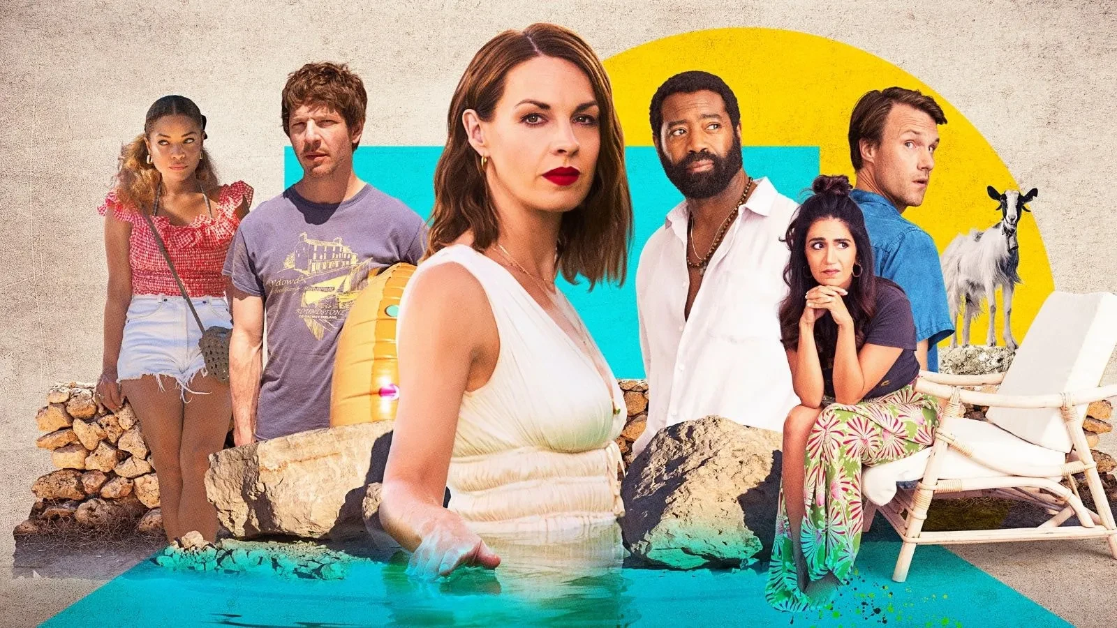 Promotional artwork for the drama series Two Weeks in August, showing a group of people arranged outdoors around stone walls and water, with bold graphic sun shapes and summer-themed styling in the background.