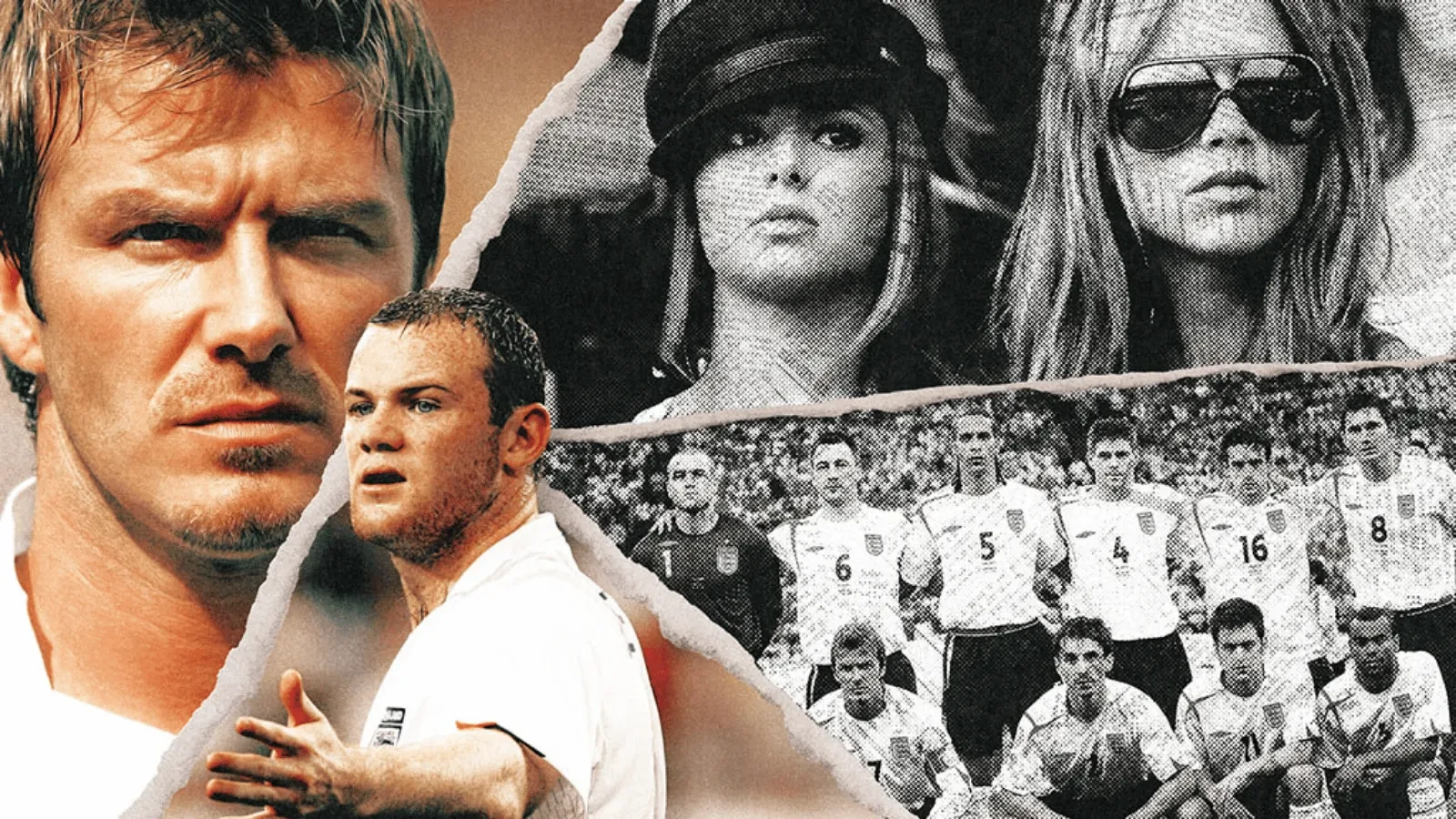 Retro-style England football collage featuring David Beckham, Wayne Rooney, WAG culture imagery and the England 2006 World Cup squad lineup.