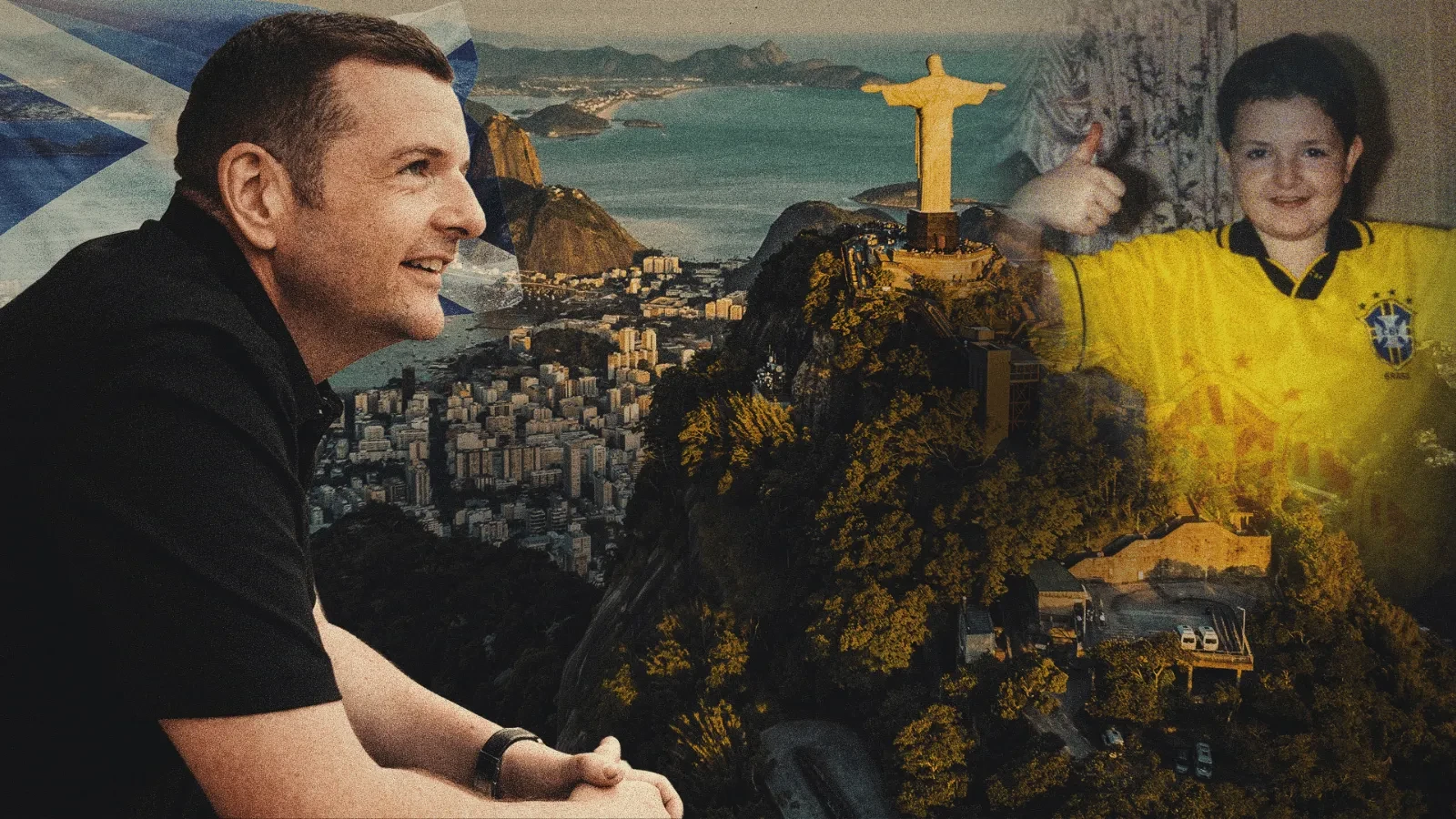 Composite sports documentary-style image featuring a man in profile against a Scottish flag backdrop, Rio de Janeiro skyline, Christ the Redeemer statue and a child wearing a Brazil football shirt.