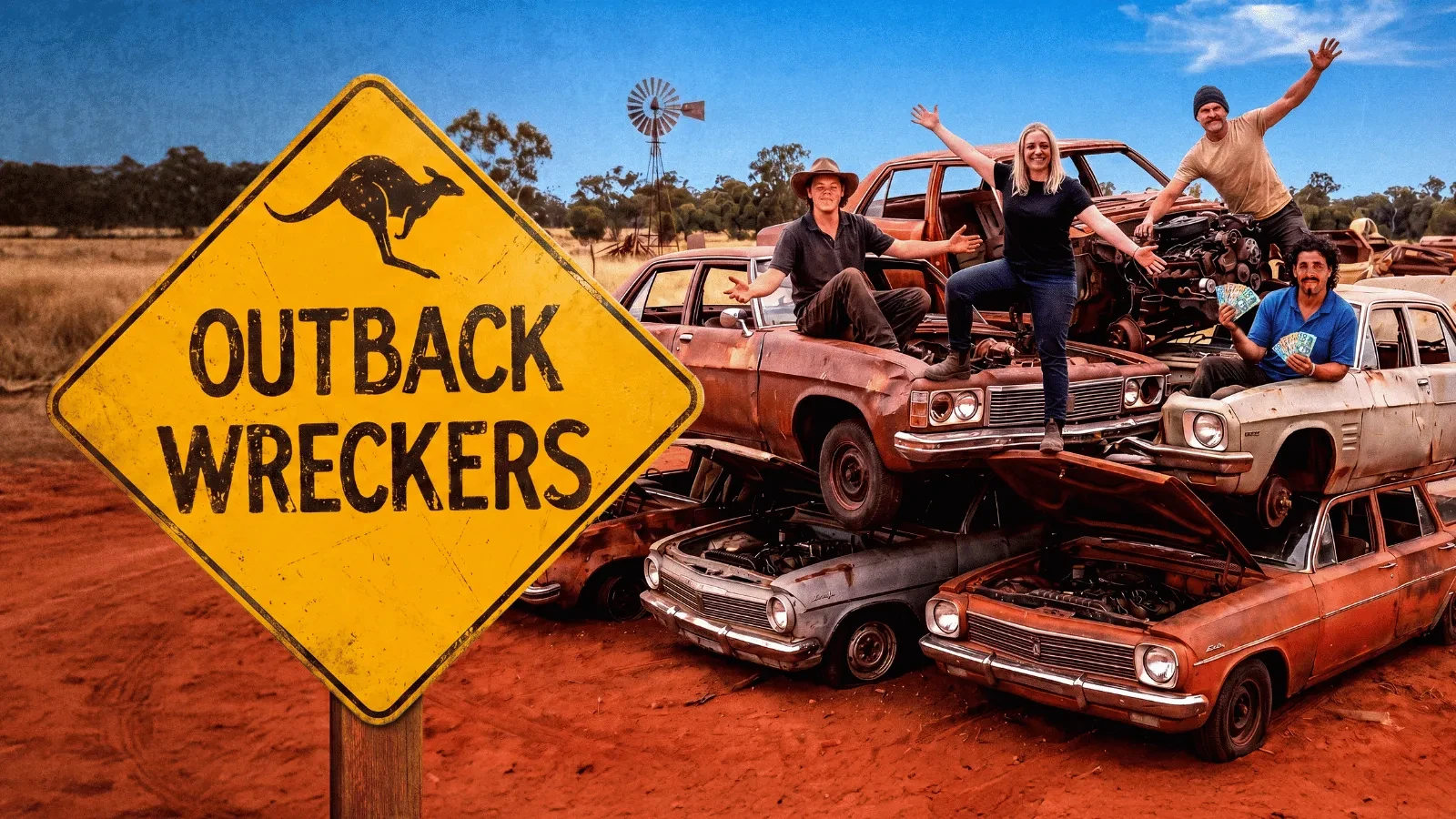 A yellow road sign reading “Outback Wreckers” stands in a dusty outback landscape, with a group of people posing on stacked, rusted cars under a bright blue sky. 