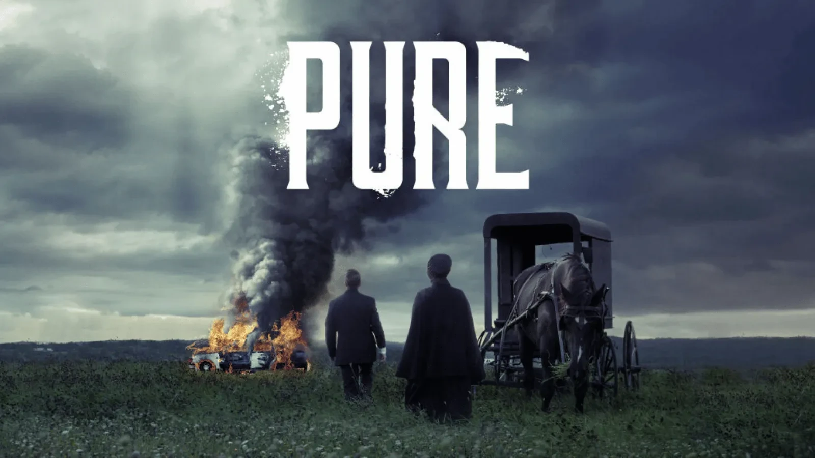 Atmospheric drama poster for Pure showing two figures beside a horse and carriage watching a burning car in a dark rural landscape under storm clouds.