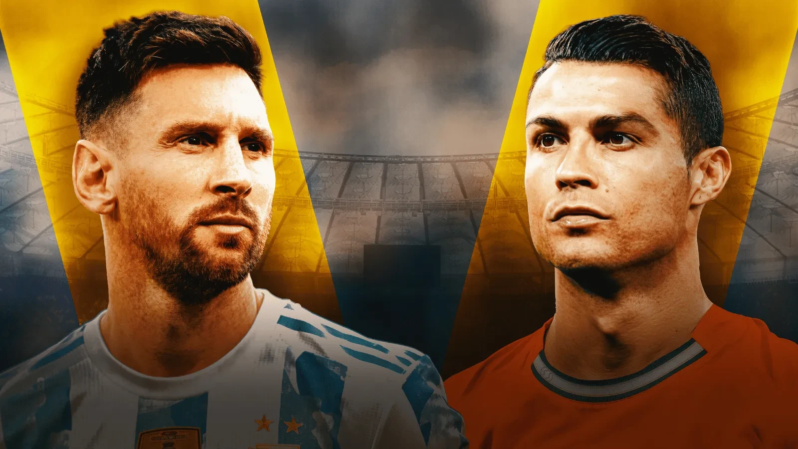 Dramatic football rivalry graphic showing Lionel Messi in an Argentina kit facing Cristiano Ronaldo in a Portugal kit inside a stadium background.