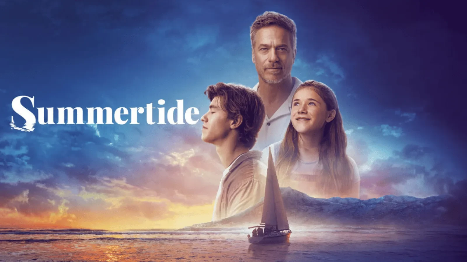 Scenic drama poster for Summertide showing three characters above an ocean sunset with a sailboat on calm water beneath a colourful sky.
