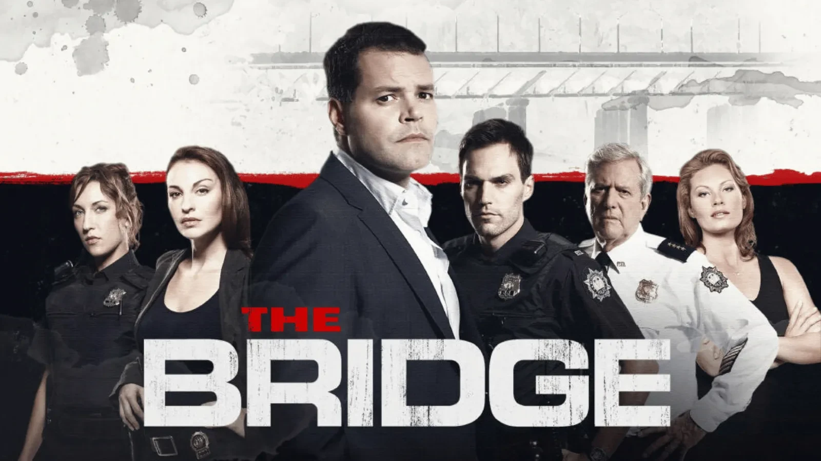 Promotional artwork for The Bridge crime drama featuring a detective team standing in front of a city bridge backdrop with bold white title text.