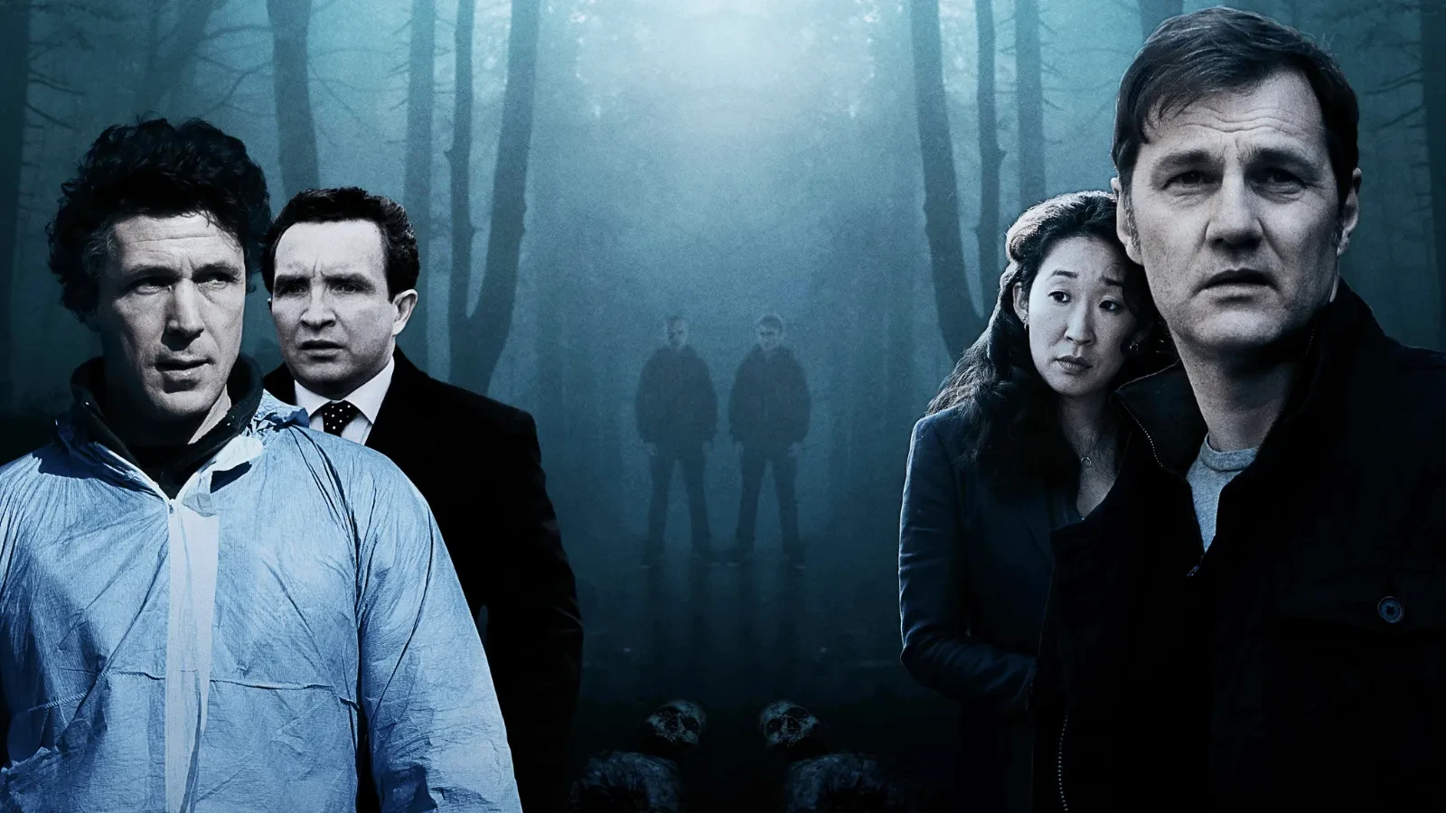 Three male and one female adults in a murky looking forest with two scary figures behind them
