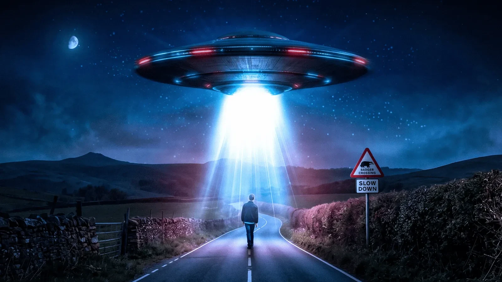 A blue sky at night with a UFO and a figure stood underneath it