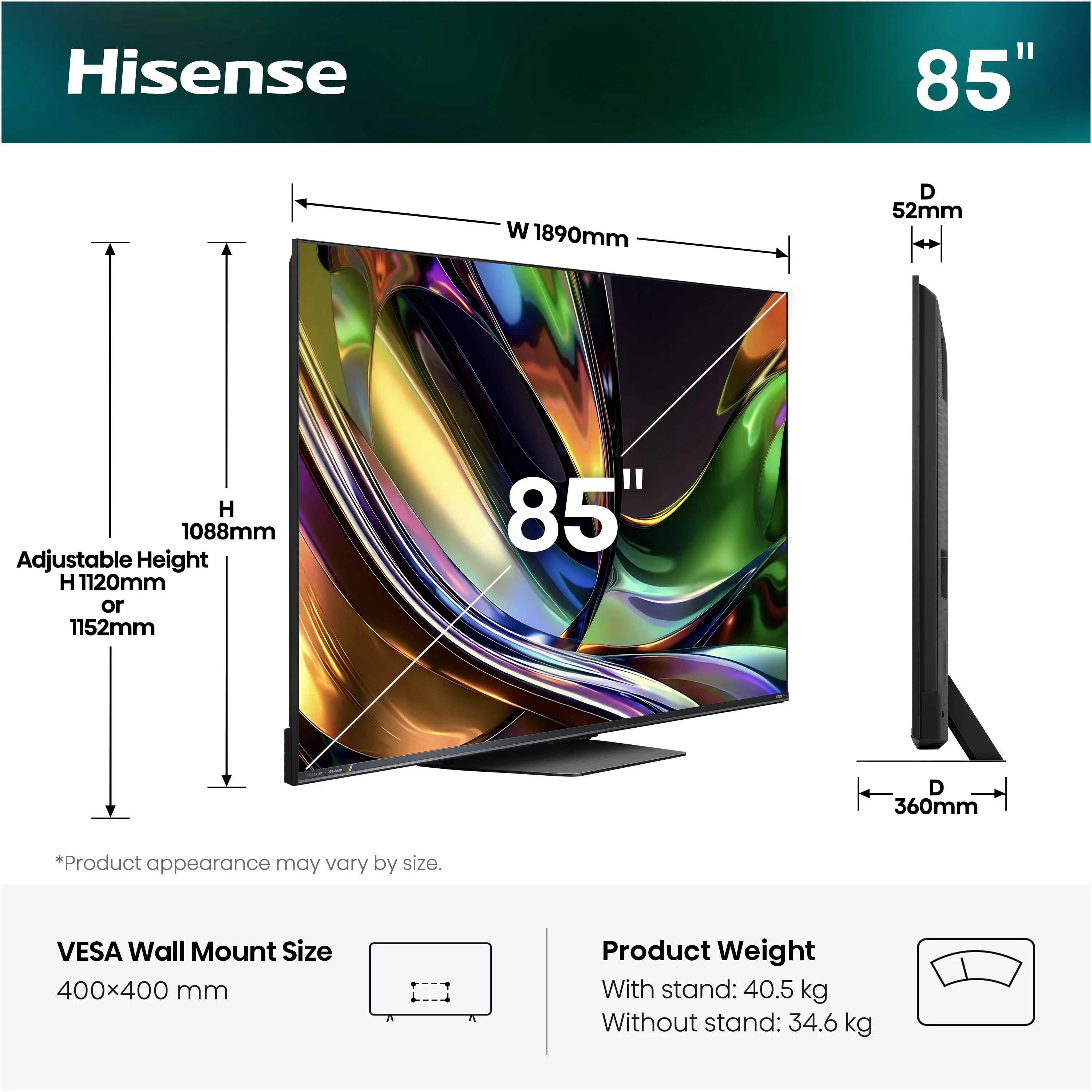 Hisense 85UR8 size