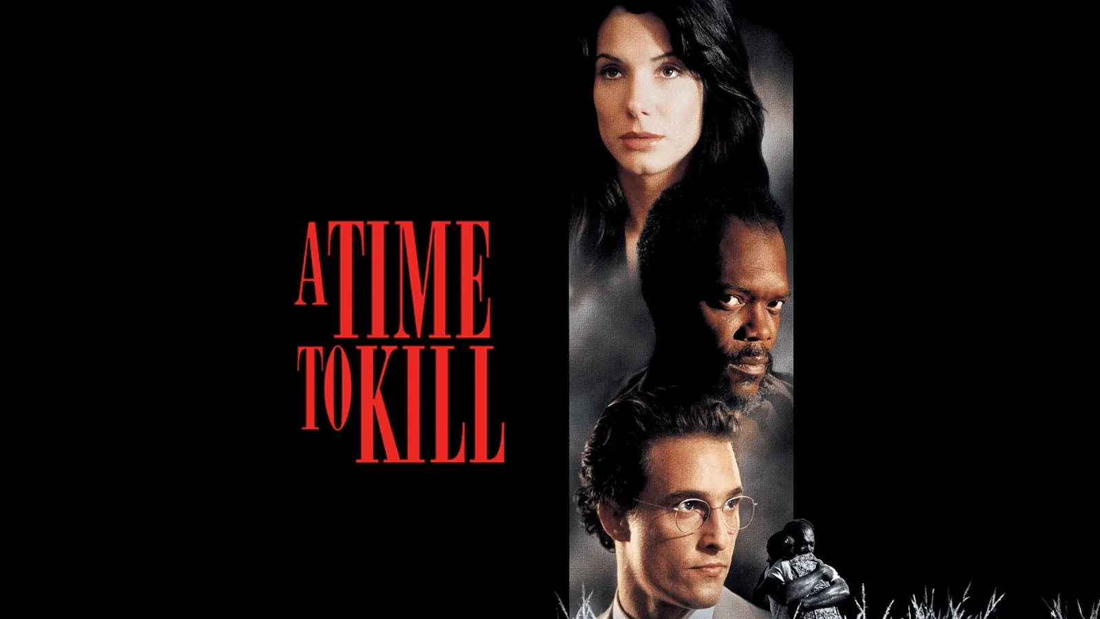 A dark, minimalist poster for “A Time to Kill” featuring a vertical montage of three character portraits beside the title in bold red text against a black background. 