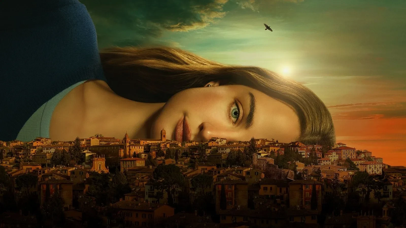 Close-up portrait blended into the skyline of an Italian town at sunset. Warm orange and green tones create a dramatic atmosphere, with rows of buildings stretching across the foreground beneath the face.