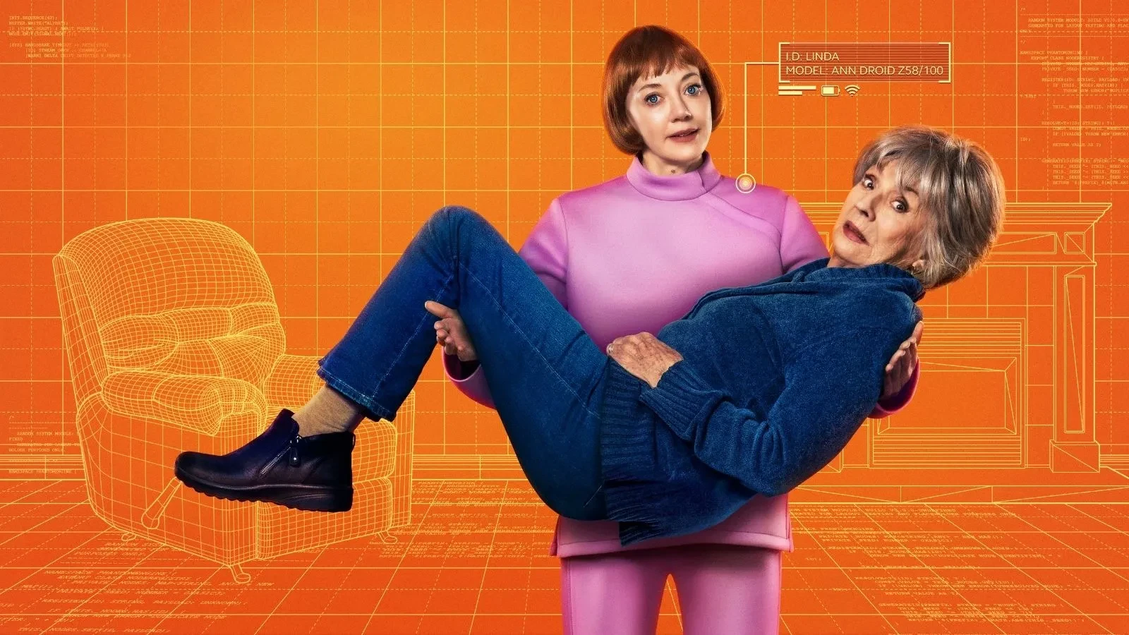 A robotic like person wearing pink holding an older woman wearing blue against an orange background