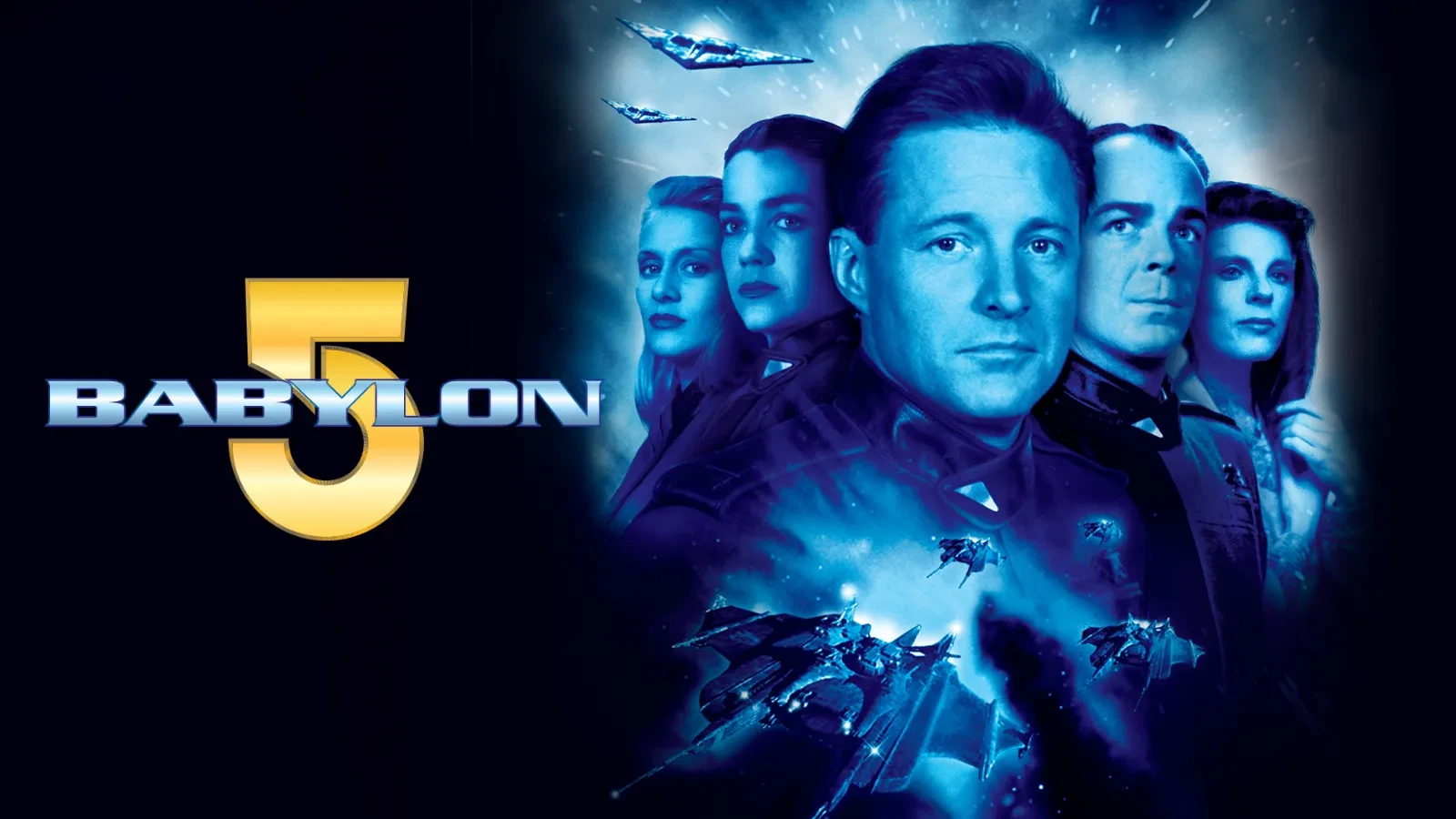 A science-fiction promotional image for “Babylon 5” featuring a group of uniformed characters against a blue-toned space backdrop with spacecraft and futuristic battle scenes. The “Babylon 5” logo appears on the left side of the image. 
