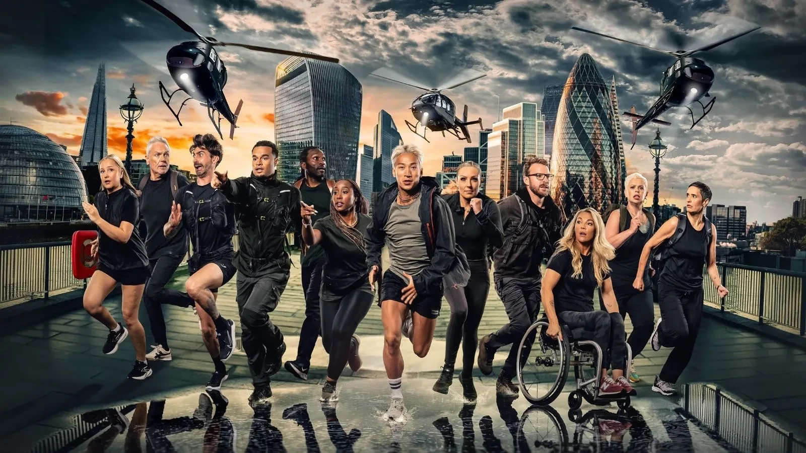 Key art for season 7 of Celebrity Hunted on Channel 4. A group of Celebrities on a rooftop in London with helicopters flying over their heads and the Gurkin in the background