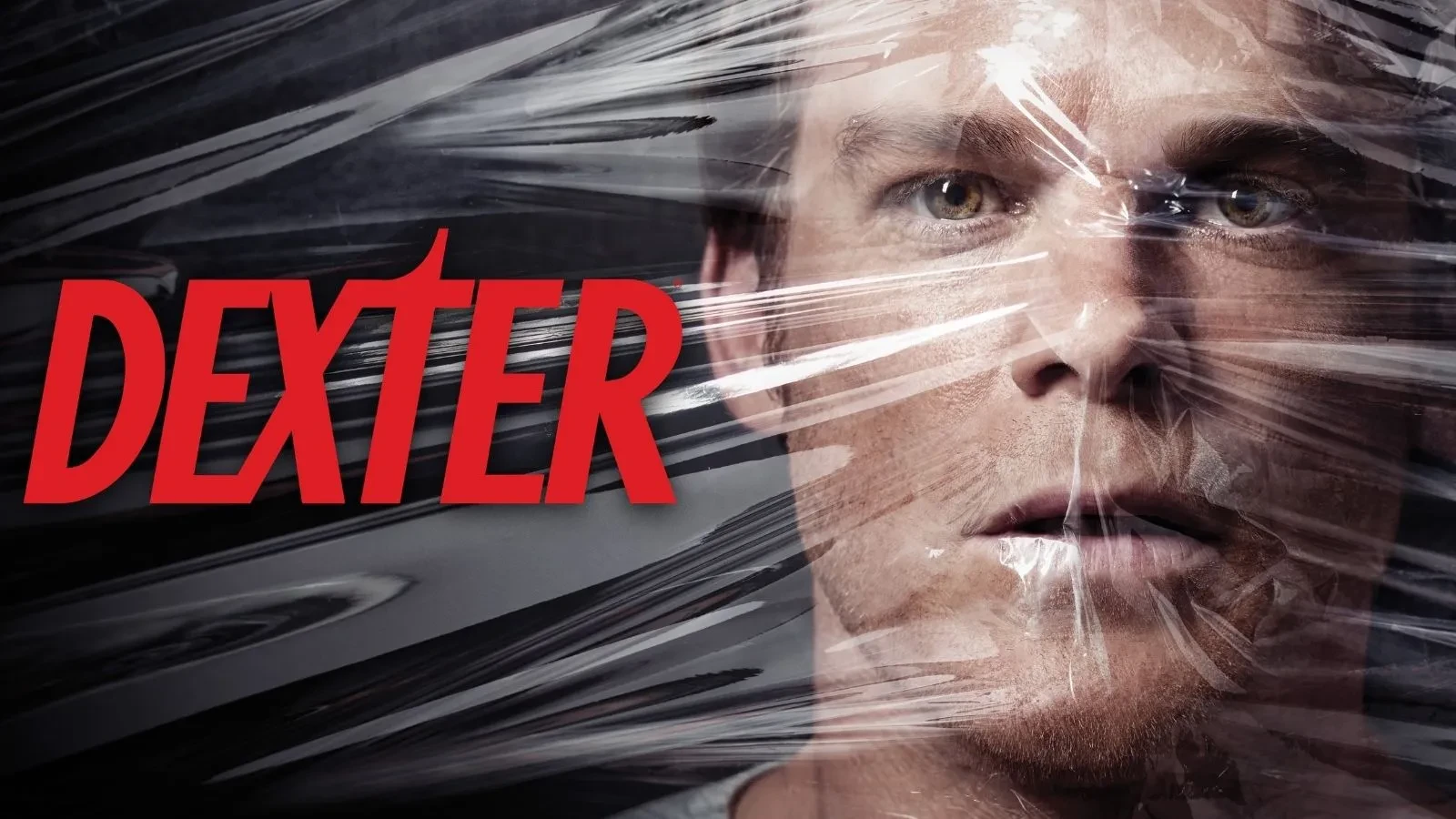 Close-up portrait partially obscured by layers of transparent plastic wrap. The word "DEXTER" appears in bold red lettering against a dark background, creating a striking and suspenseful visual.