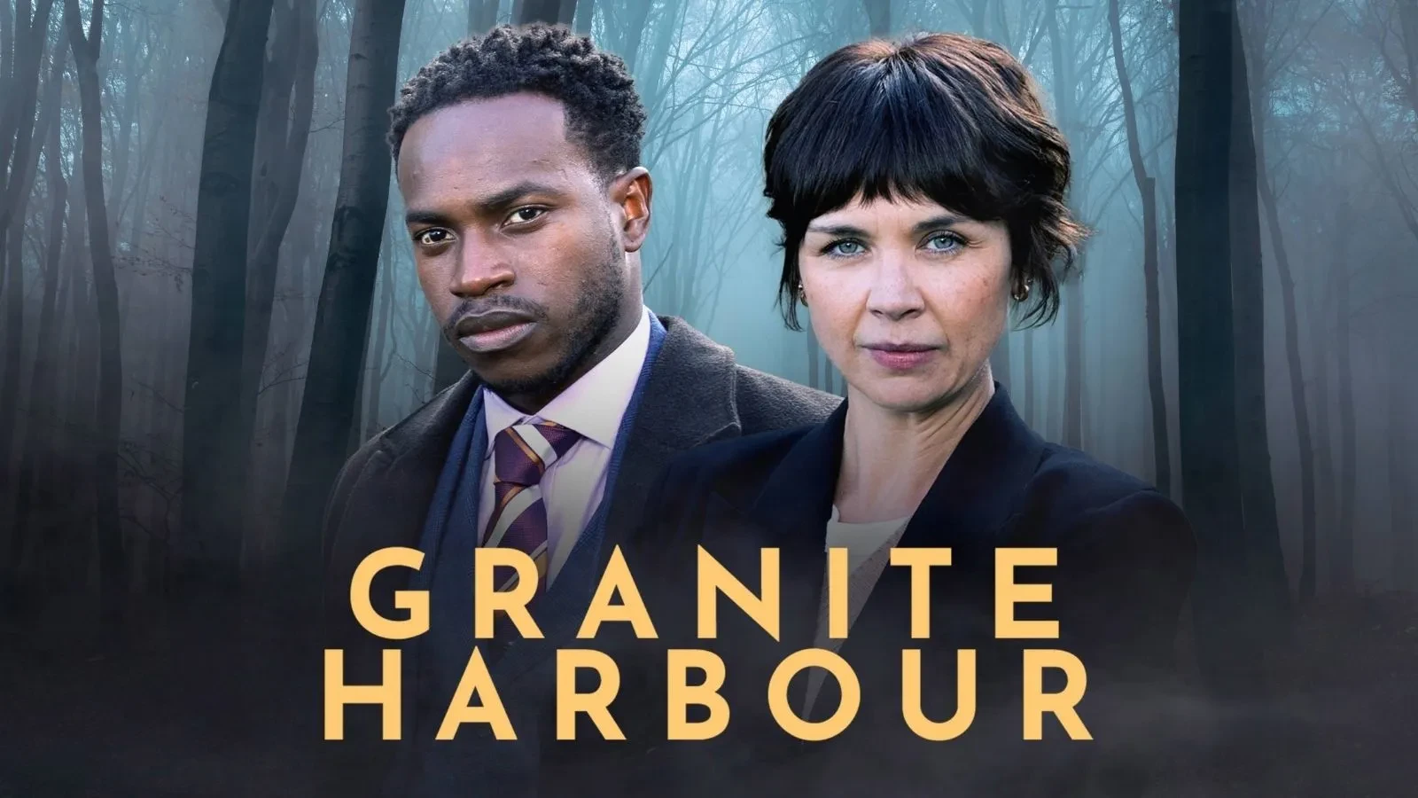 Promotional TV image showing a male and female detective in a dark forest with yellow writing that reads "Granite Harbour"