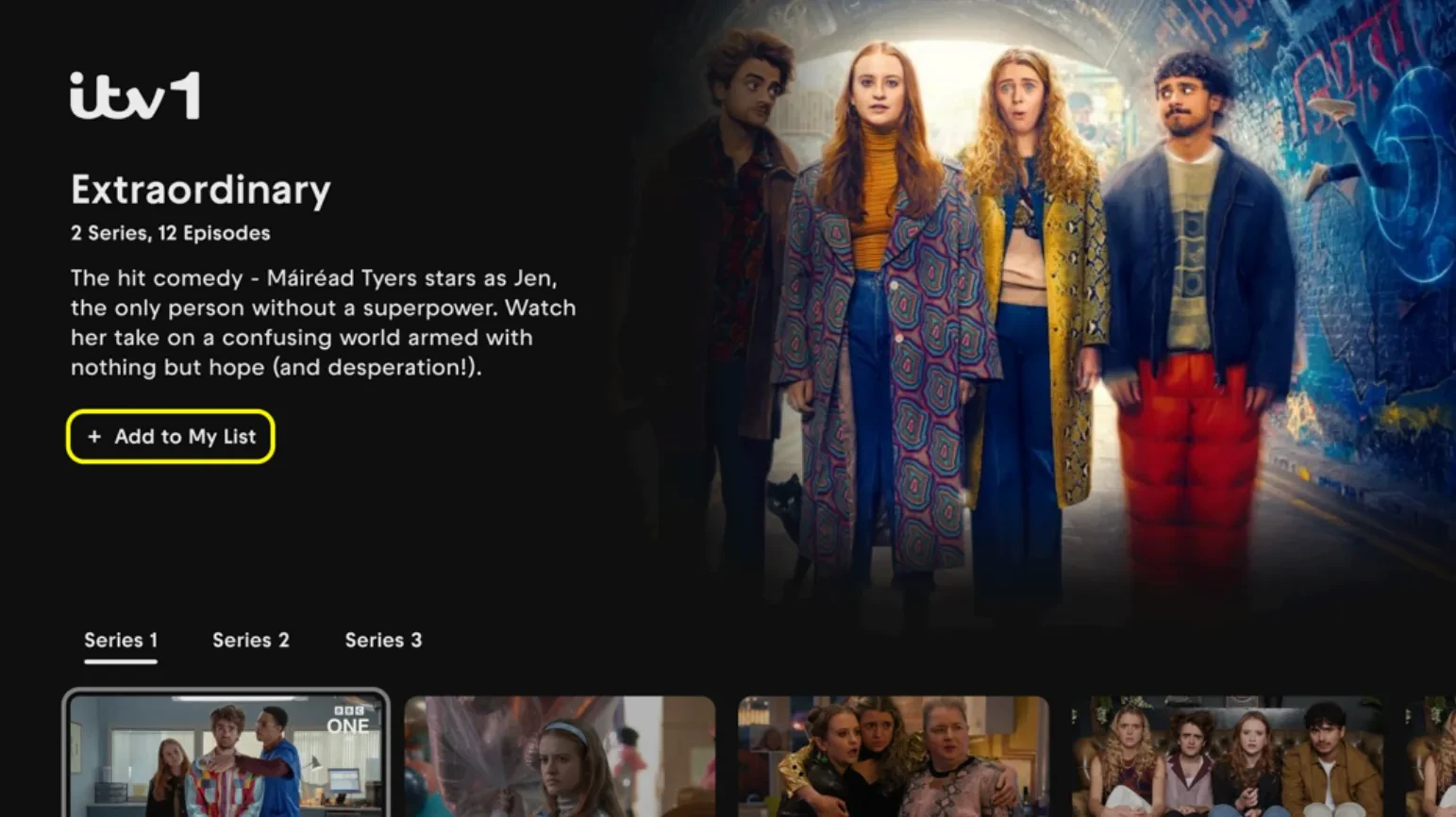 Image shows high contrast theme on Freely, with TV show Extraordinary shown as an example with highlighted 'add to my list' button.