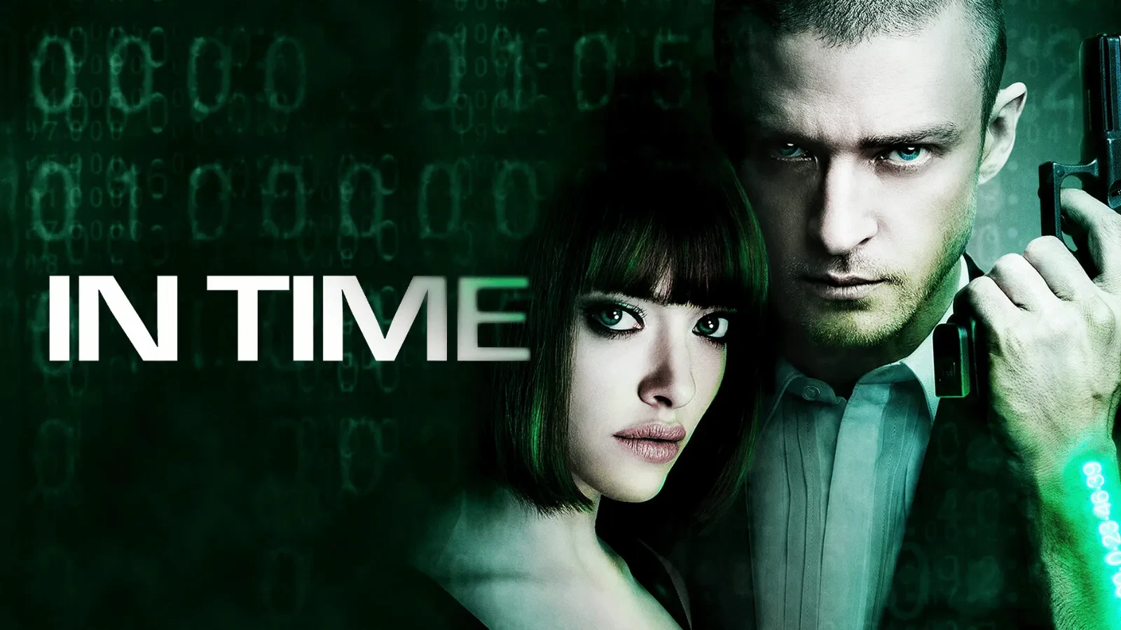 A science fiction poster with two characters and text that reads "In Time"