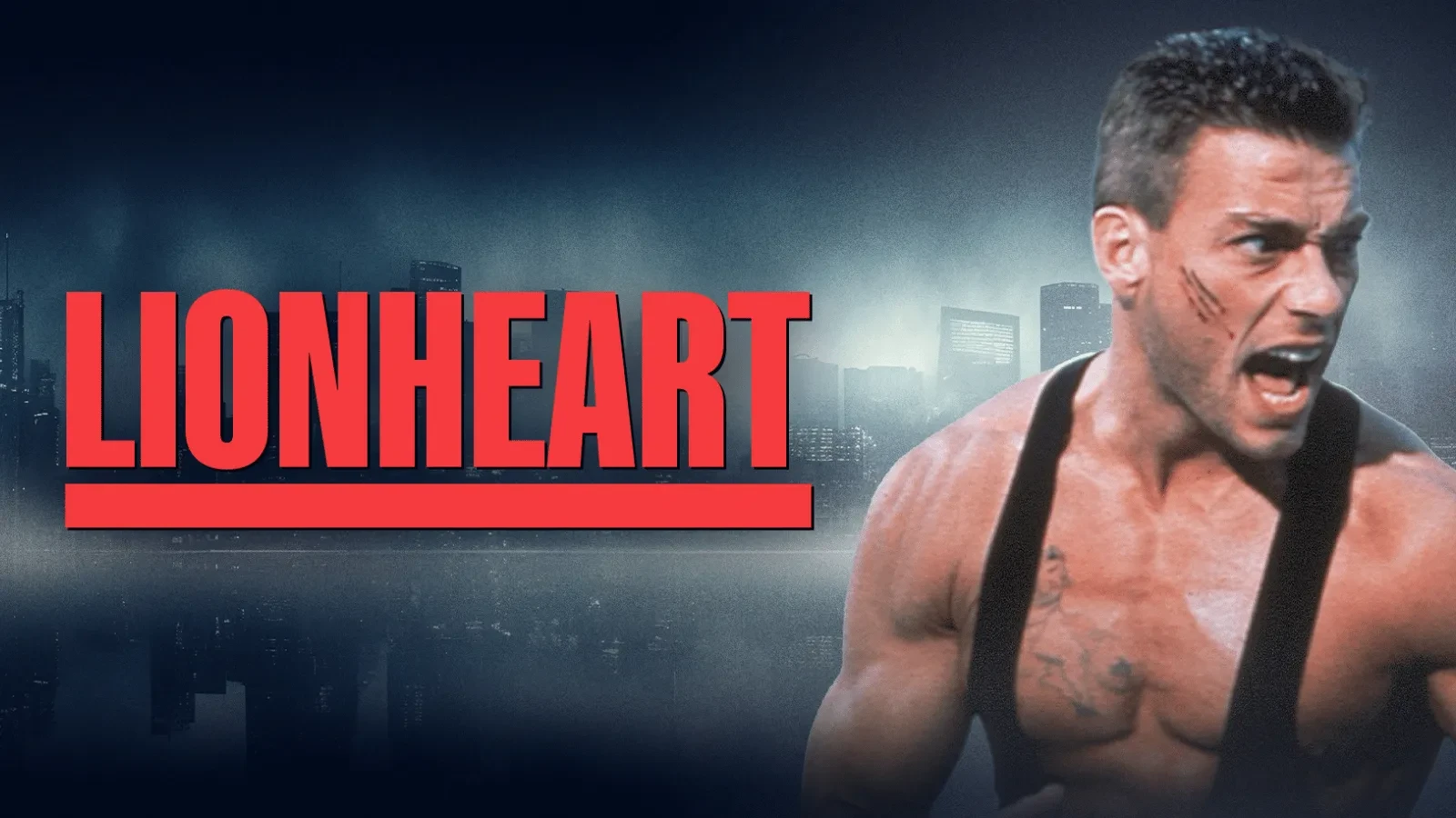 A promotional image for “Lionheart” showing an action-film character in the foreground against a dark city skyline. The title “Lionheart” appears in bold red lettering on the left side of the image. 