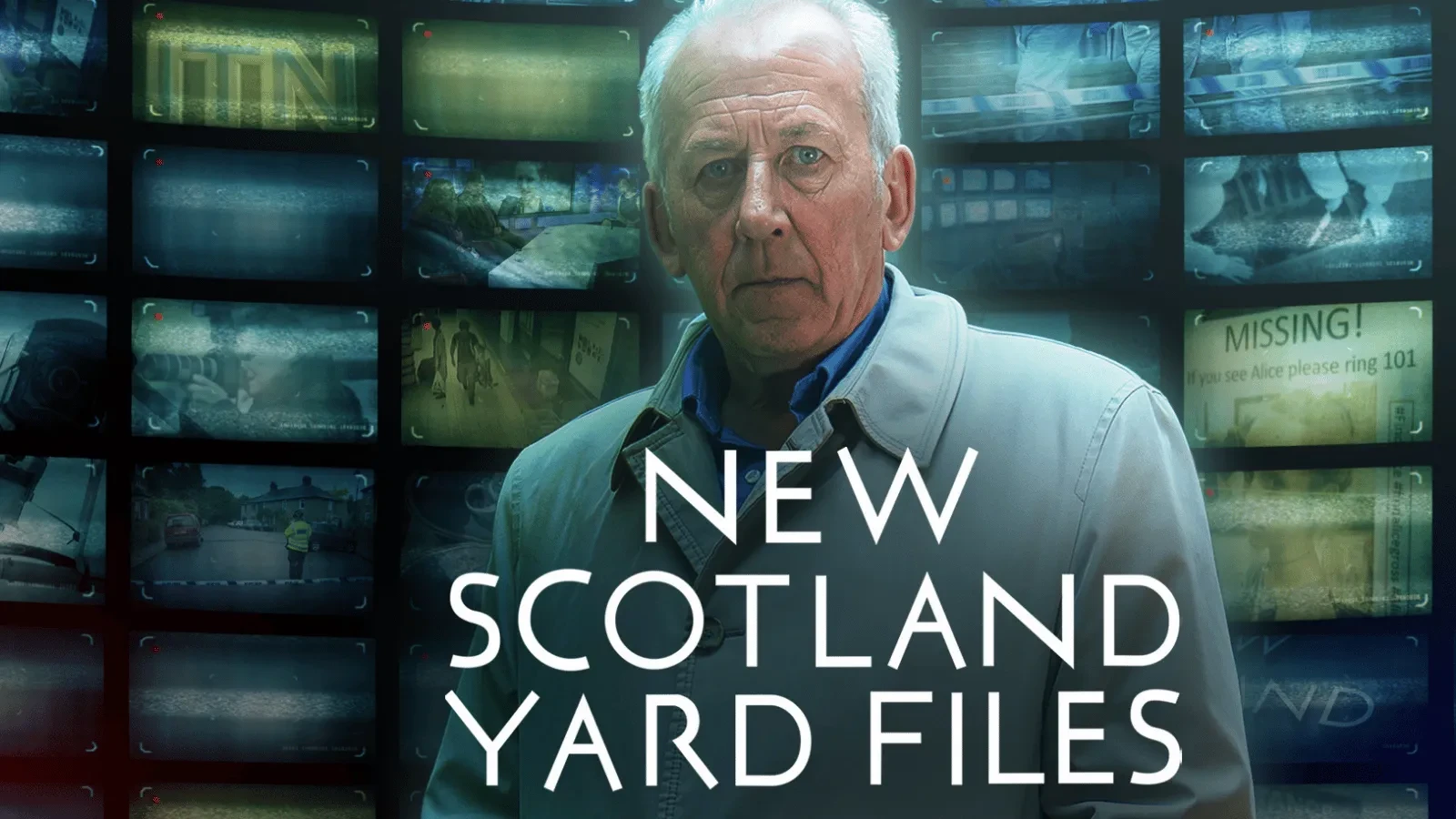 A promotional image for “New Scotland Yard Files” showing a person standing in front of a wall of surveillance screens displaying crime scenes, investigations, and news footage. The series title appears prominently in the center. 