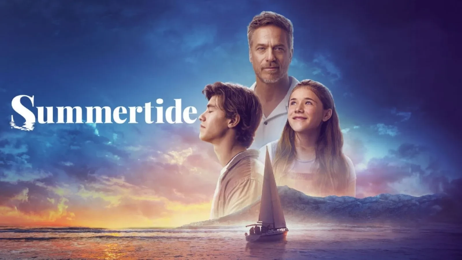 Three figures are shown against a coastal sunset backdrop, overlooking calm water and distant mountains. A sailboat glides across the water beneath dramatic clouds, while the word "Summertide" appears on the left.
