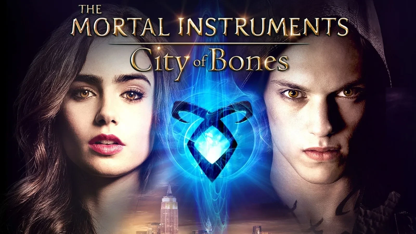 Promotional key art for The Mortal Instruments movie. A man and a woman looking at the camera with a blue symbol between them