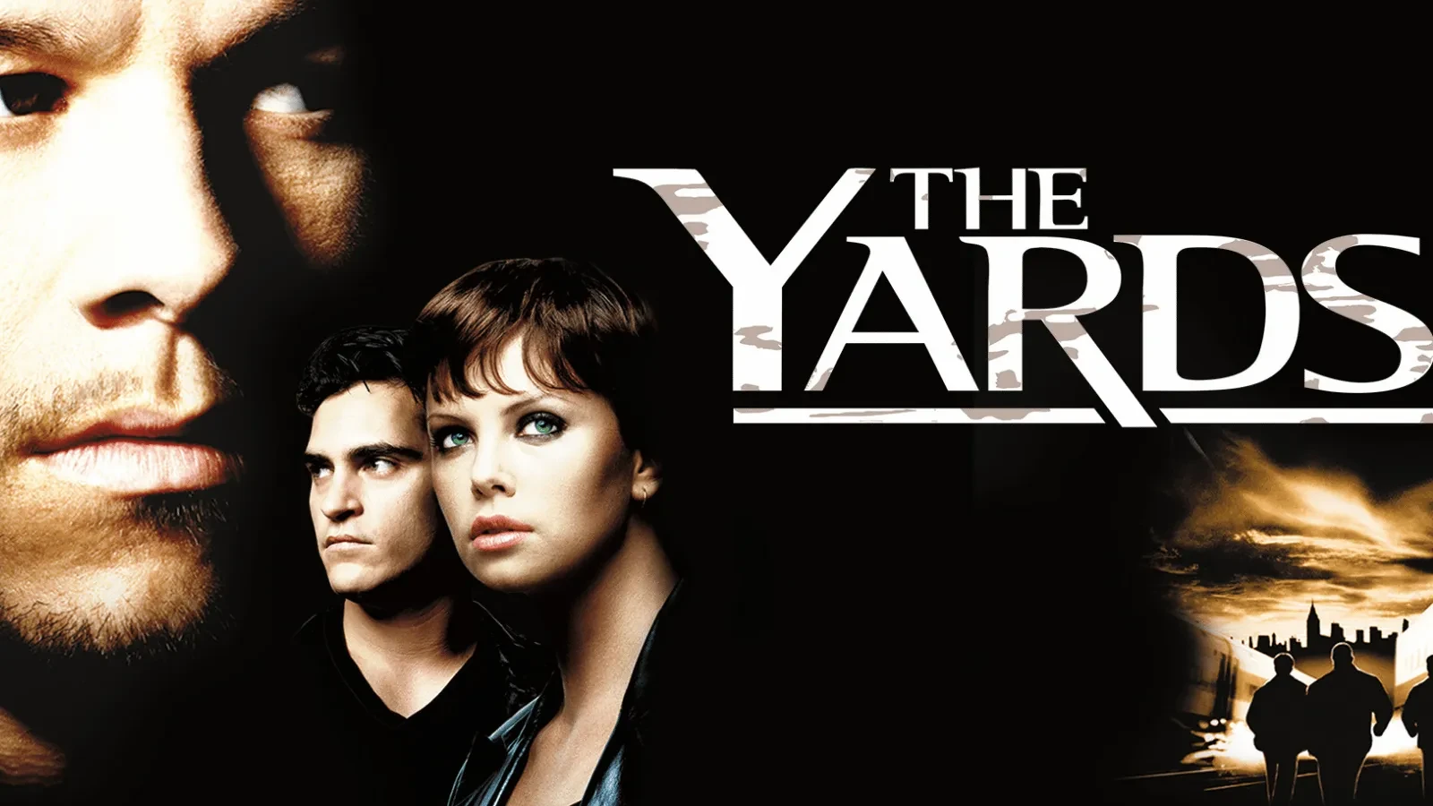 A promotional poster for “The Yards” featuring large character portraits against a dark background, with the film title displayed prominently. A train and silhouetted figures appear in a smaller scene at the bottom right. 
