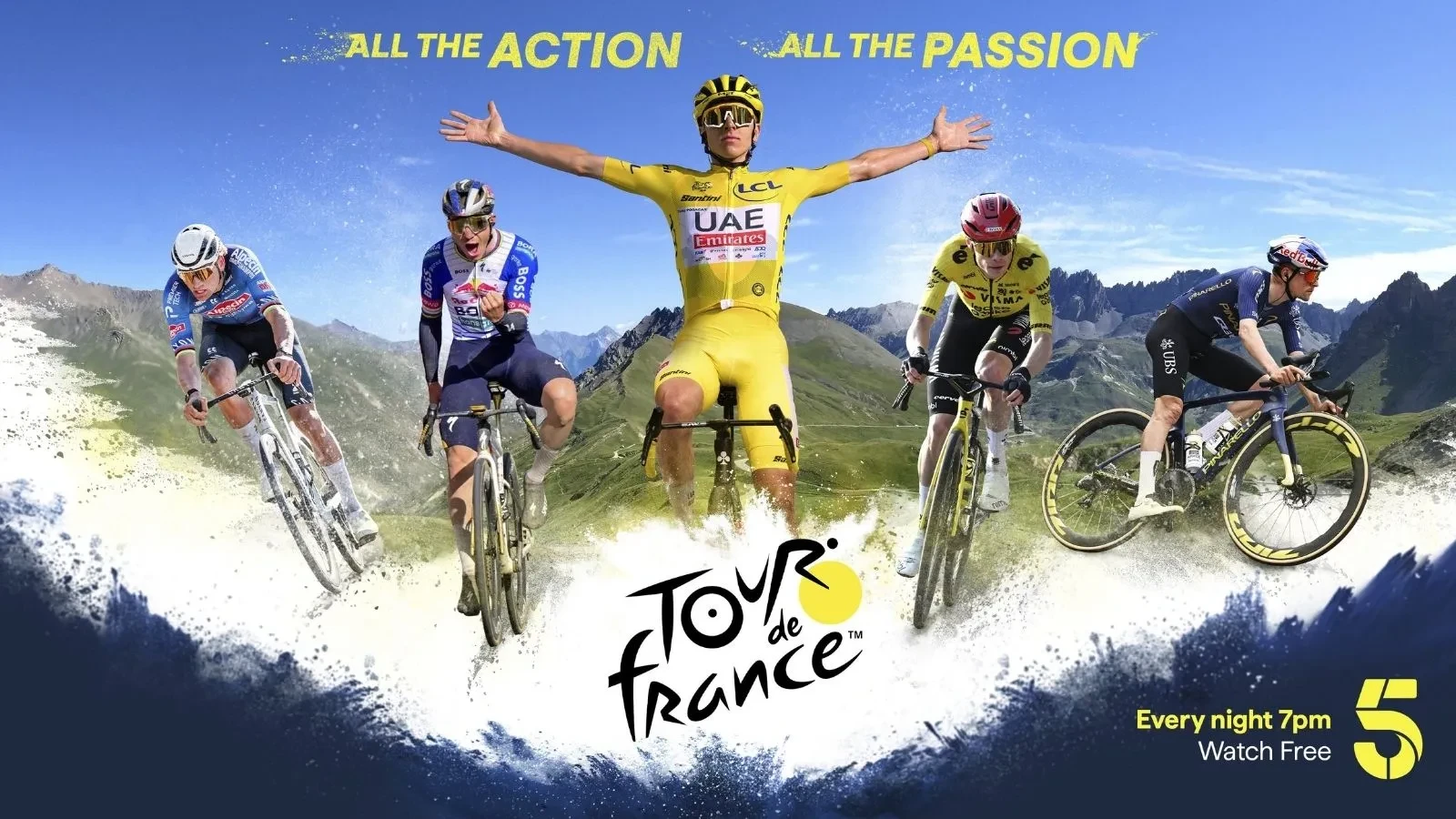 Tour de France cycling poster showing professional riders in mountain stages, featuring the yellow jersey leader and elite road racing action.