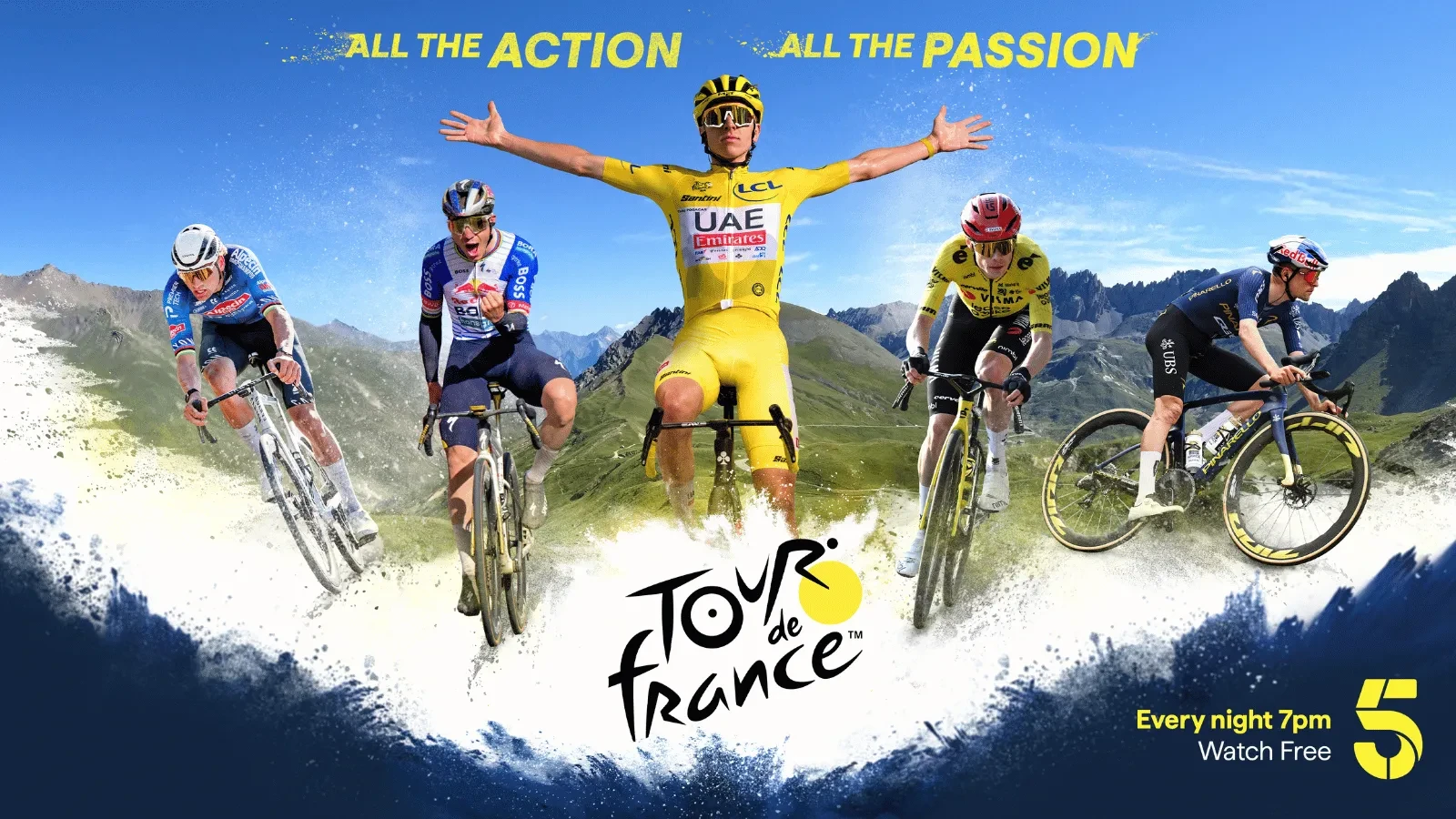Key art for 2026 Tour De France. Cyclist wearing yellow lycra with mountains and other cyclists in the background