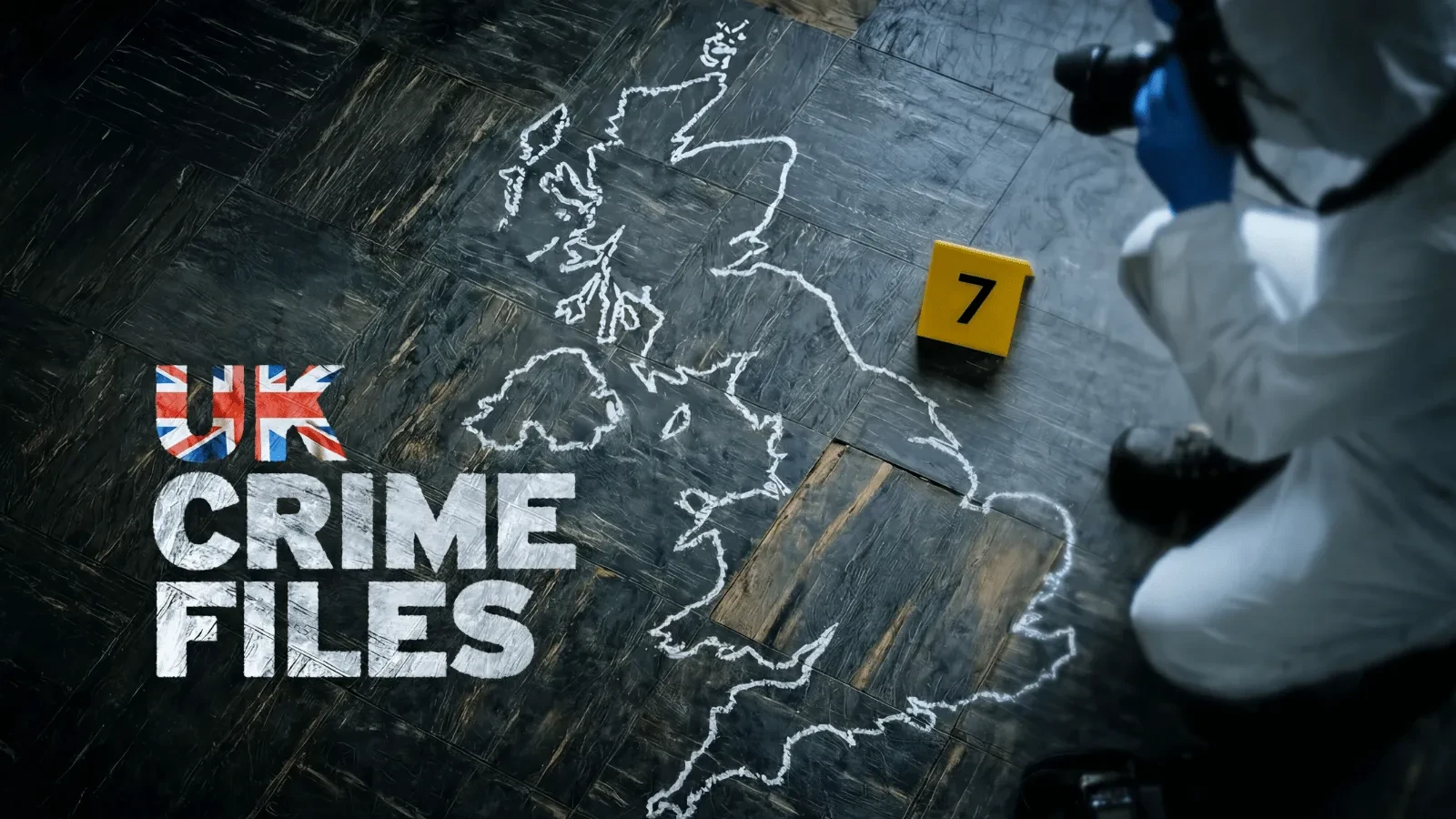 A forensic-themed graphic showing the outline of the United Kingdom marked in chalk on a dark floor, alongside a numbered evidence marker. A person in protective clothing examines the scene while the title “UK Crime Files” appears prominently in the foreground. 