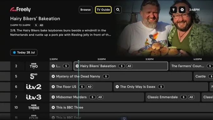 Image of Freely UI showcasing the TV guide with TV guide at the top circled in yellow.