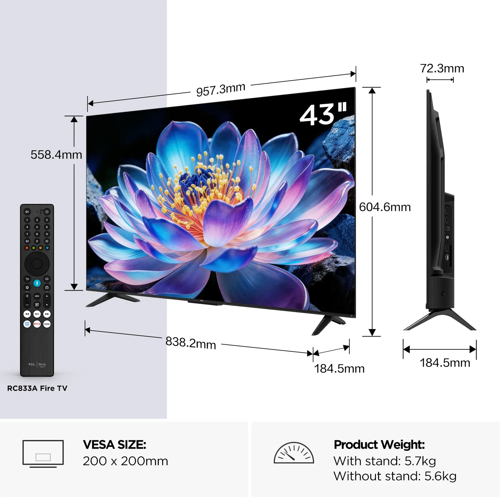 TCL 43V6D size side