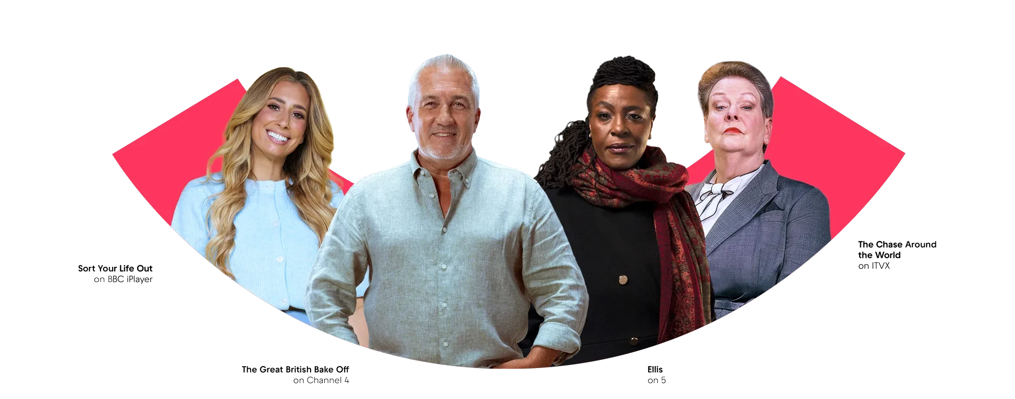 Promotional graphic featuring TV presenters Stacey Solomon (Sort Your Life Out), Paul Hollywood (The Great British Bake Off), Sharon D. Clarke (Ellis), and Anne Hegerty (The Chase Around the World)