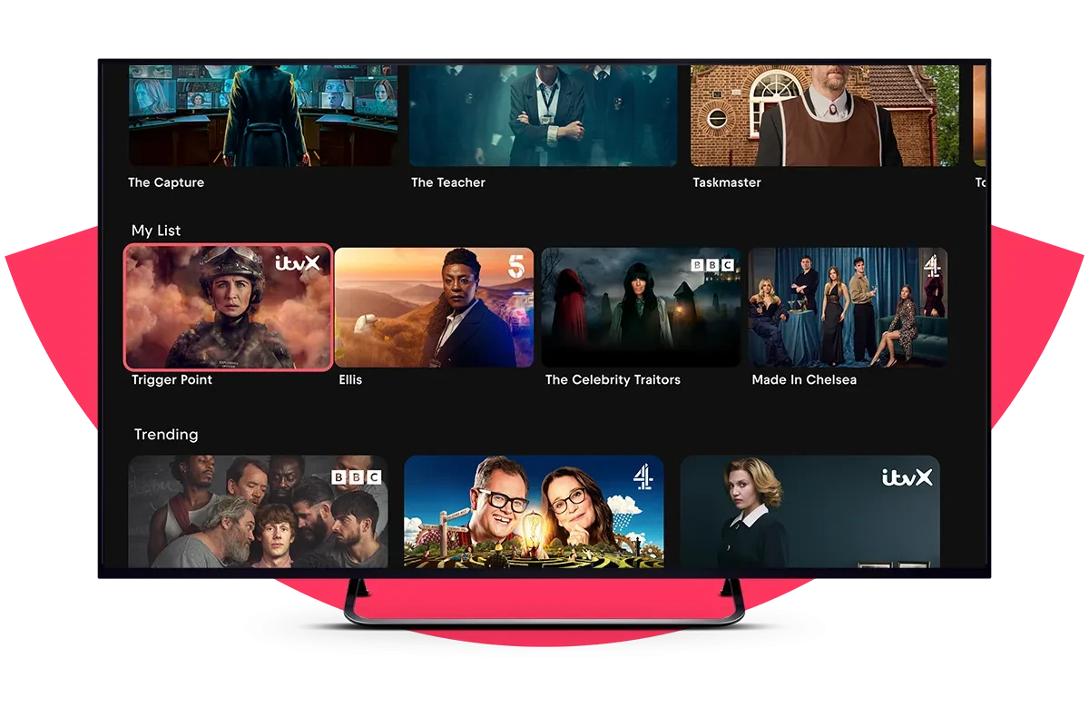 Freely user interface on television shows highlighted show Trigger Point on ITVX, featuring Vicky McClure