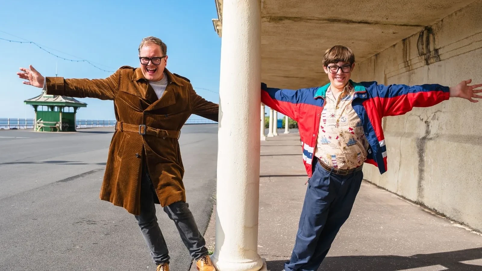 Older Alan and younger Alan swinging around a pole in season 4 of Changing Ends