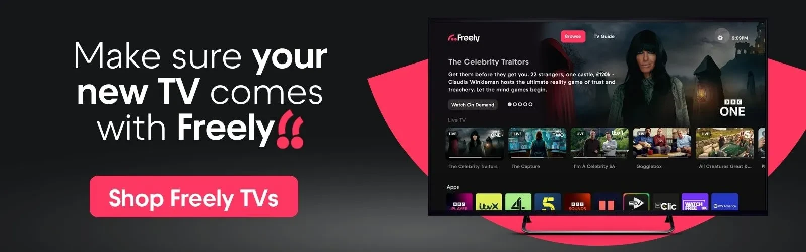 Banner image shows TV with The Traitors and the message 'Make sure your new TV comes with Freely'