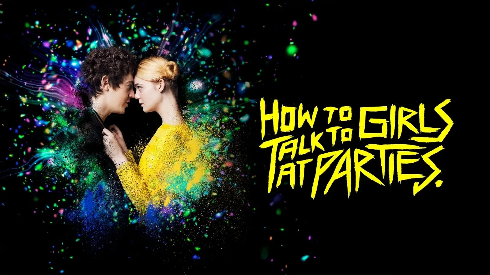 A blonde woman with spacebuns wearing a yellow jumper holding onto a man with dark hair encircled in paint splatters. Writing to the left that reads "how to talk to girls at parties"