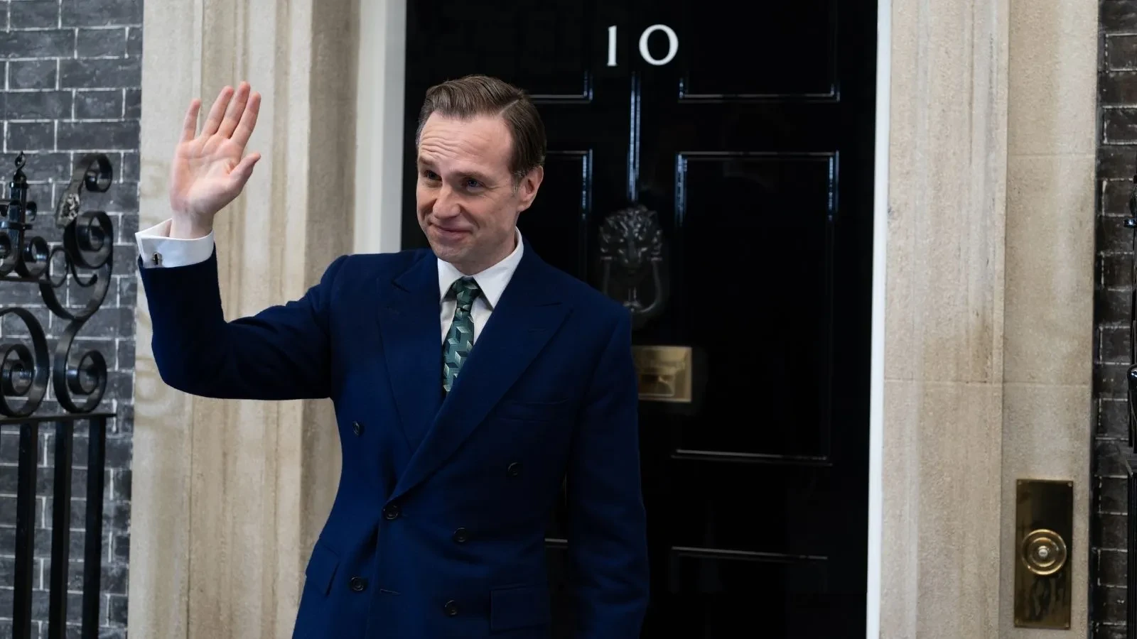Rafe Spall as Prime Minister walking out of 10 Downing Street in the new Channel 4 drama Number 10