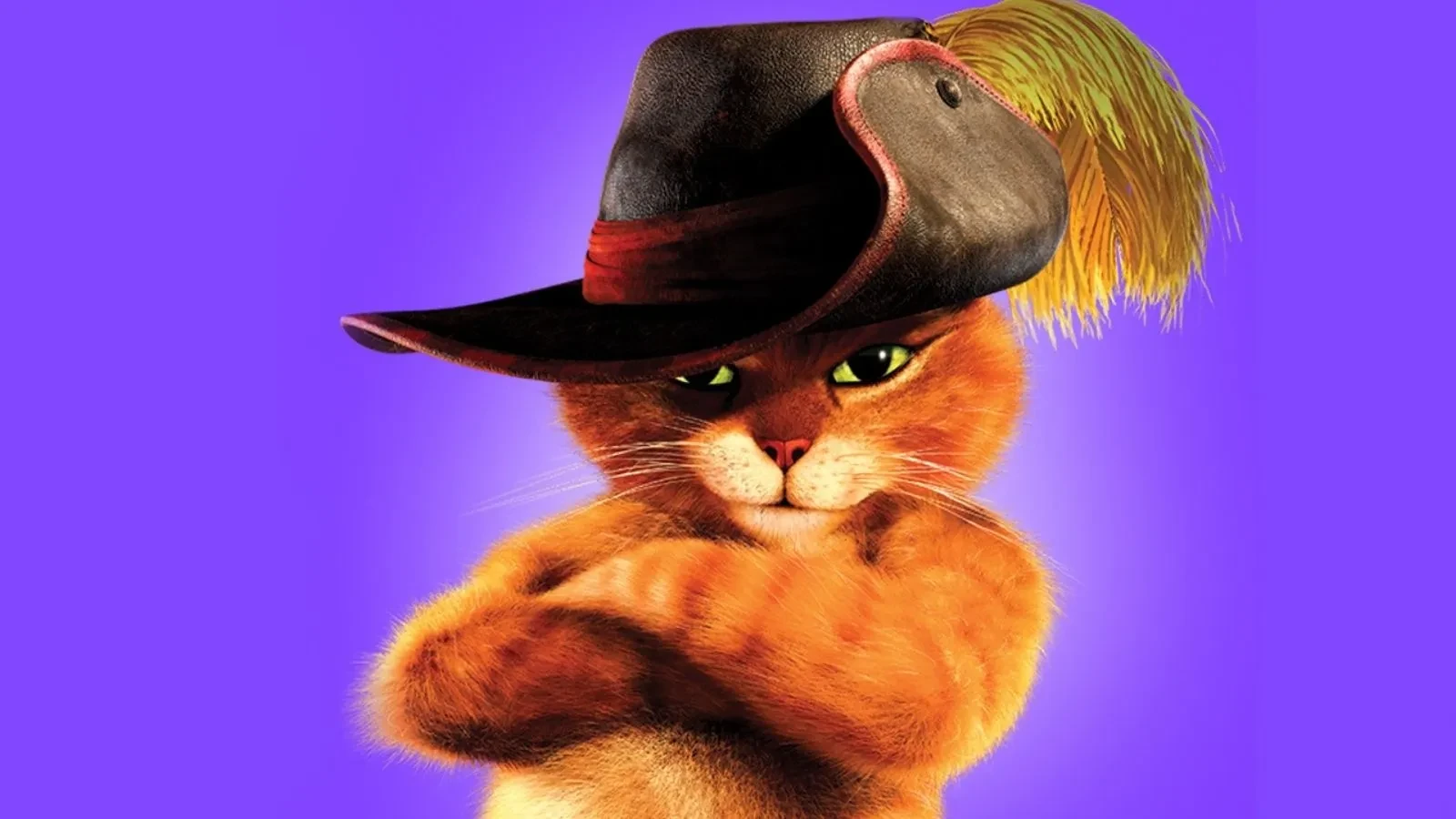 Promotional movie poster for Puss in Boots. An Orange cat wearing a pirates hat against a purple background.