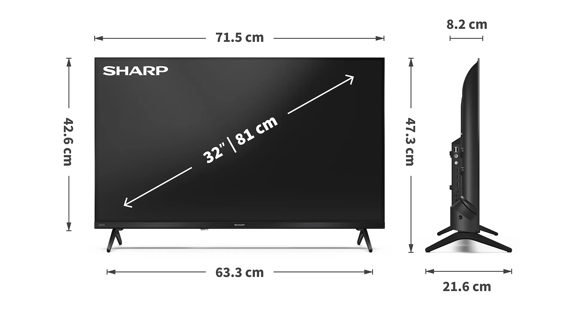 Sharp 32HE32455K size side