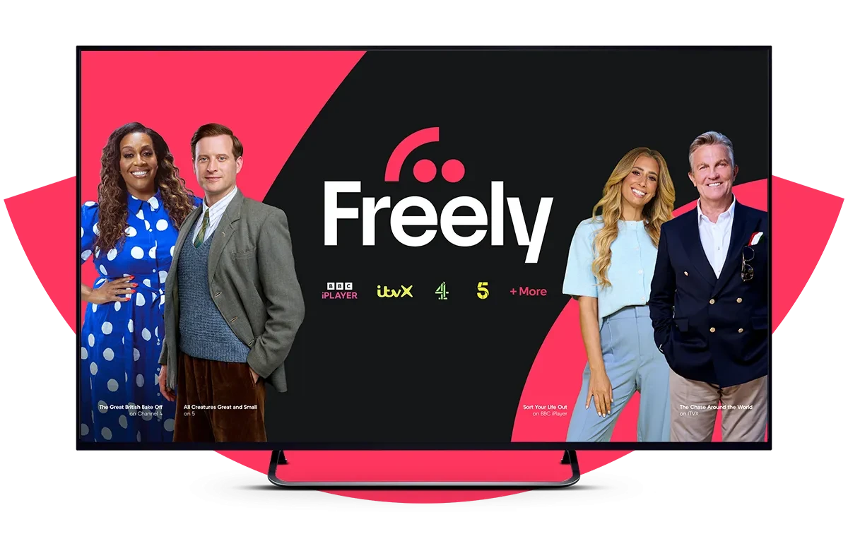 Promotional for Freely shows Alison Hammond (The Great British Bake Off), Nicholas Ralph (All Creatures Great and Small), Stacey Solomon (Sort Your Life Out), and Bradley Walsh (The Chase Around the World)