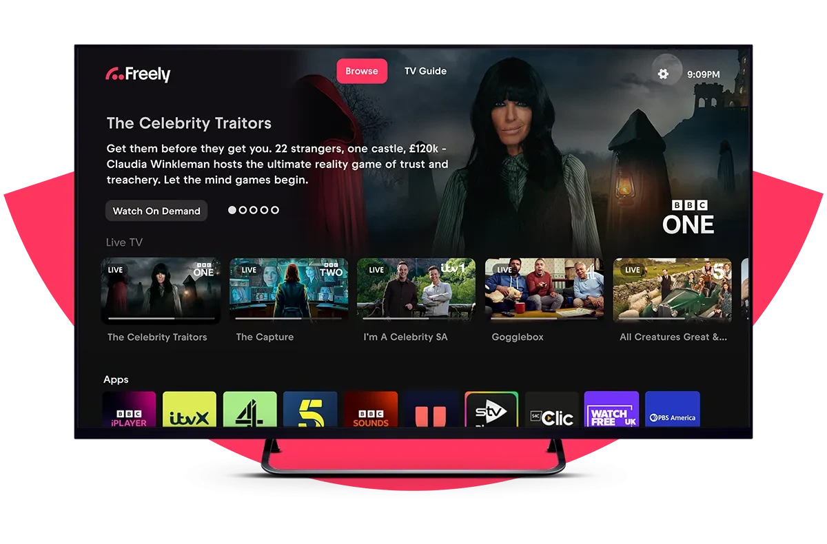 TV Shows the Freely user interface, with Claudia Winkleman in The Celebrity Traitors featured