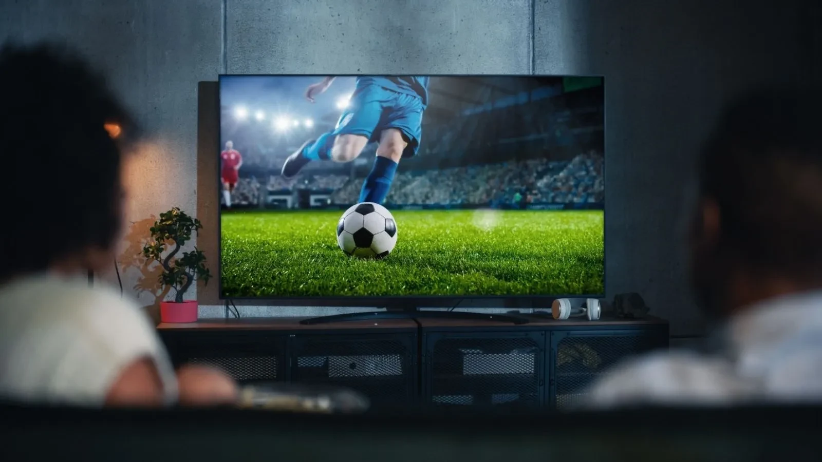 Two people watching a football match on their TV