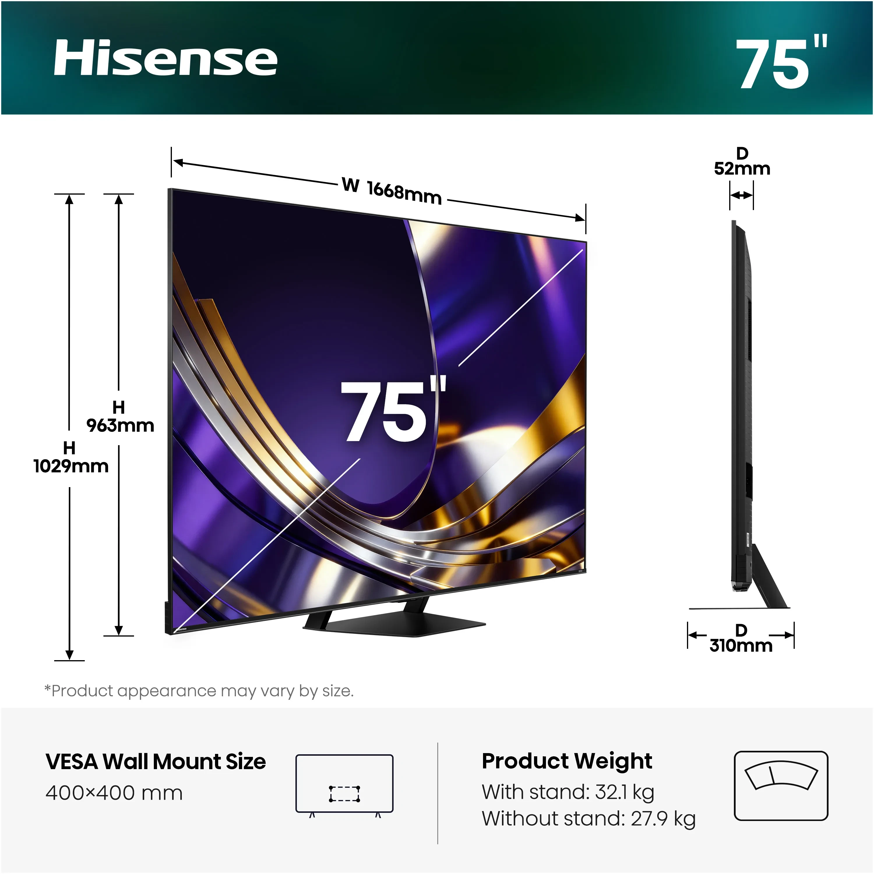 Hisense 75U7S PRO side size