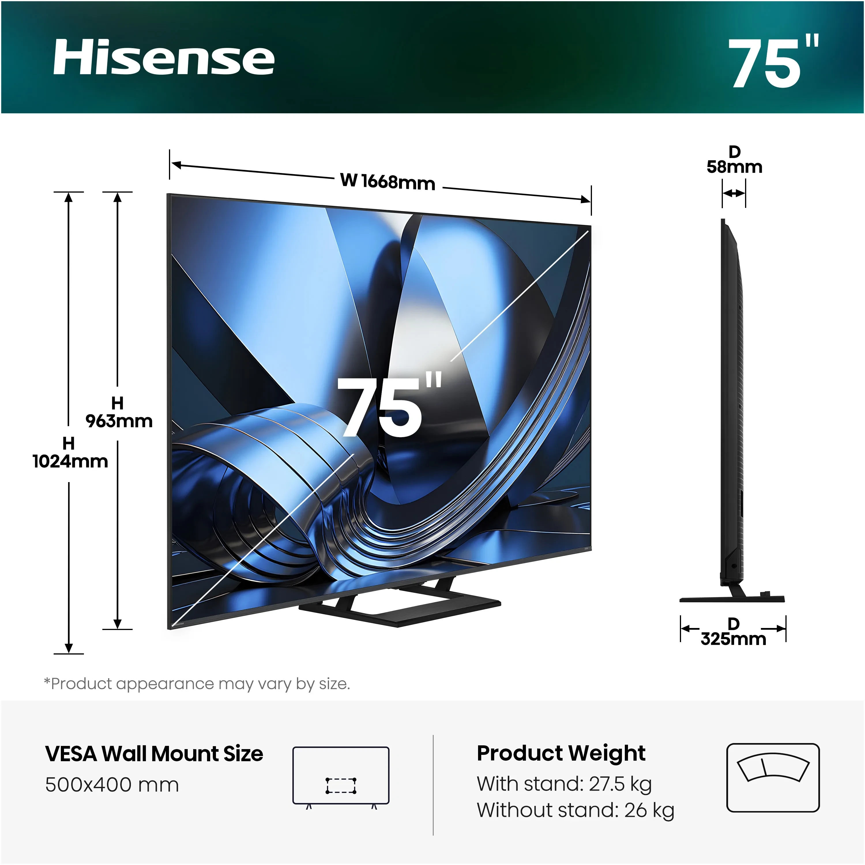 Hisense 75U7S size side 
