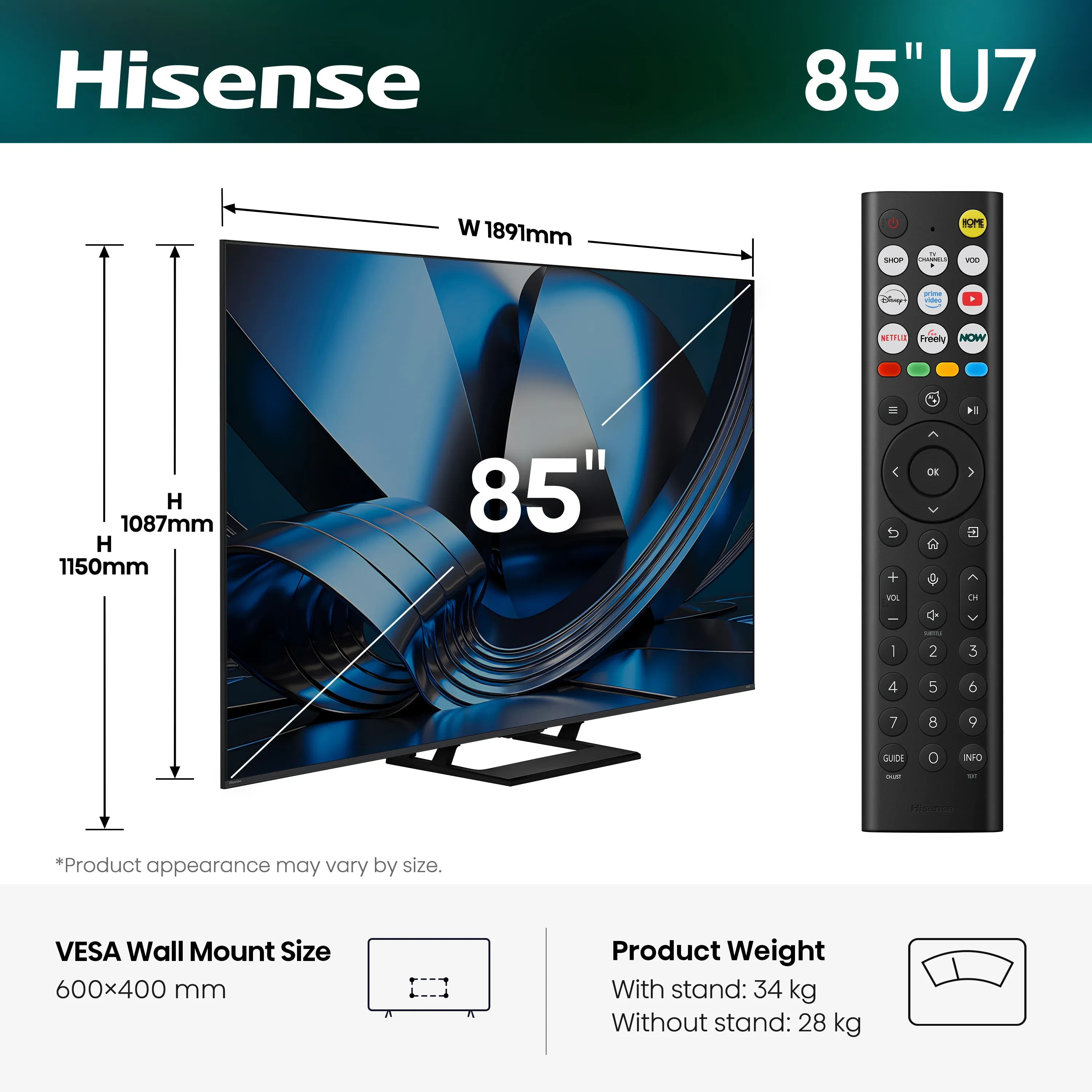 Hisense 85U7S size side 