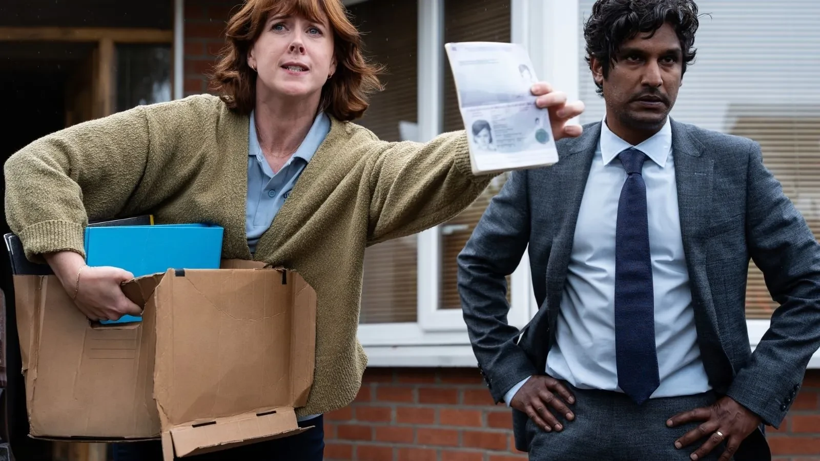 Investigators question a resident outside a house in mystery drama Hunting Alice Bell.